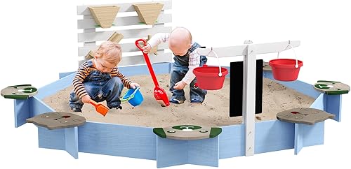 Outsunny Caja de arena de madera, juego al aire libre con 6 asientos, juguetes de agua y arena, cubos, pizarras, pozo de arena para niños de 3 a 7