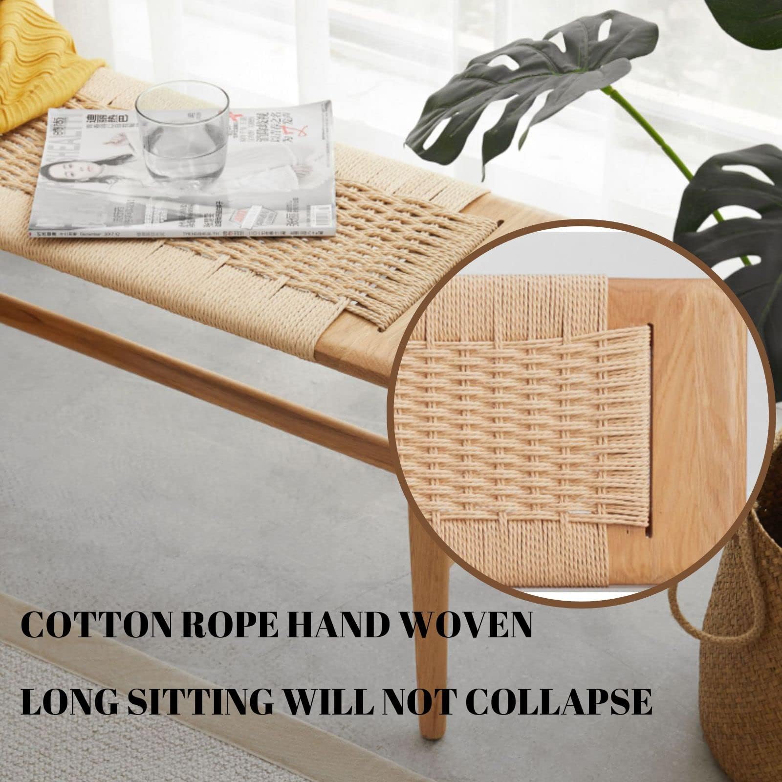100% Solid Oak Wood Bench,Hand Woven Design,Solid Mortise and Tenon Construction-Solid Structure of Chair Legs,Woven Rattan Entryway Benchs/Dining Bench (Natural Oak,31.49”*11.81”*15.98”)