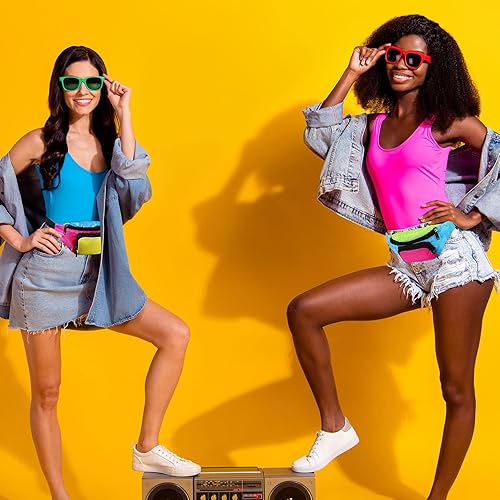 Miniatura 6 de Xuniea Riñonera retro de neón de los años 80, 2 bolsillos, bolsas para cinturón, disfraces de los años 90 para mujeres y hombres, riñoneras