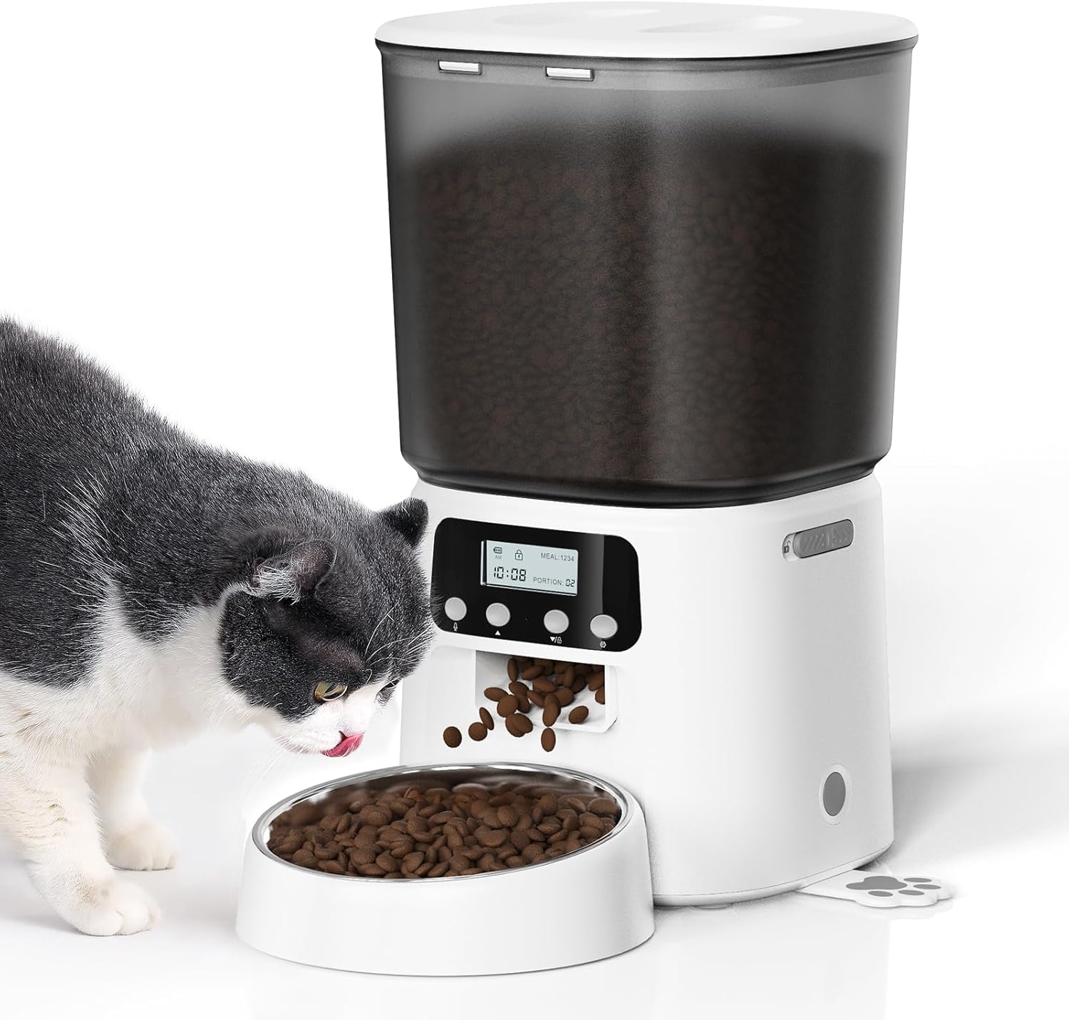 Automatic Cat Feeder, 4L/16Cups Cat Food Dispenser with Stainless Steel Bowl 30 Portions 6 Meals per Day, Programmable Auto Cat Feeder for Kitty Small Dogs with 10S Voice Record, White