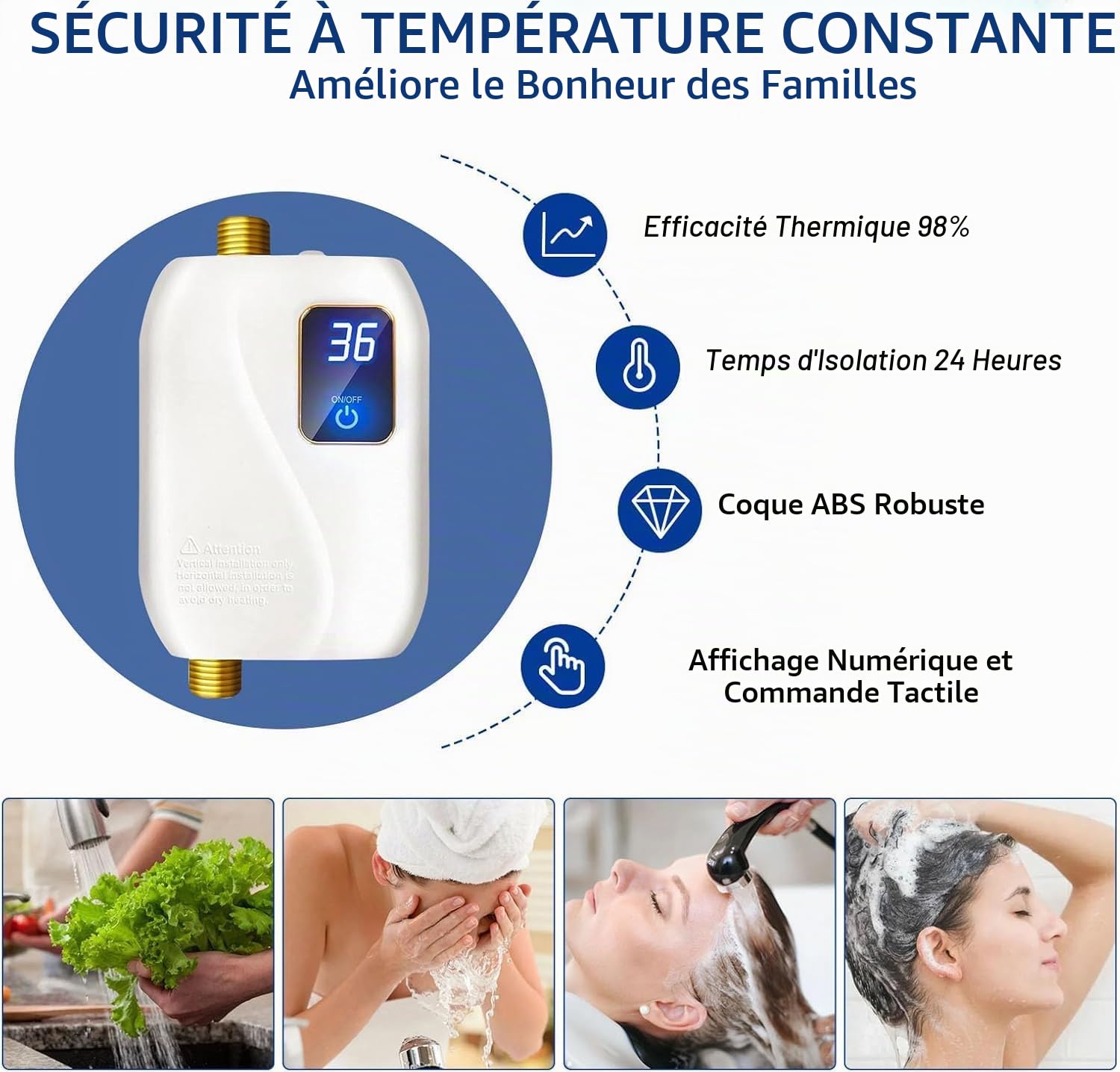 Chauffe Eau Instantané Electrique 220V 3500W, Plat Mural (Blanc)