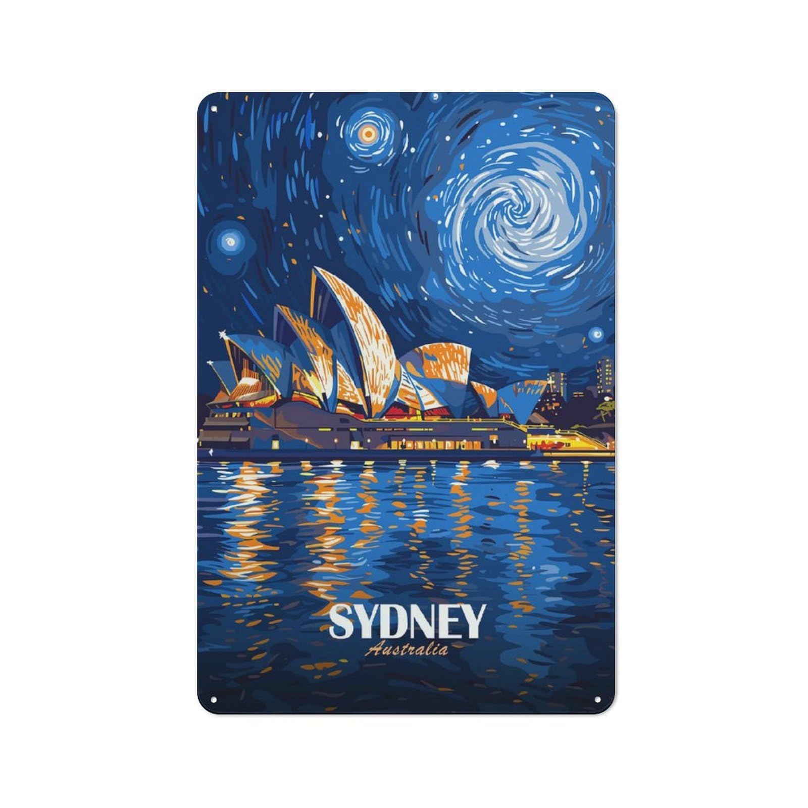 Junmoney Style-23 Tin Wall Plaque 30X20cm With Sydney Opera House Night Art For Man Cave Or Games Room, For Vintage Wall Decor Fans, For Themed Room Decoration