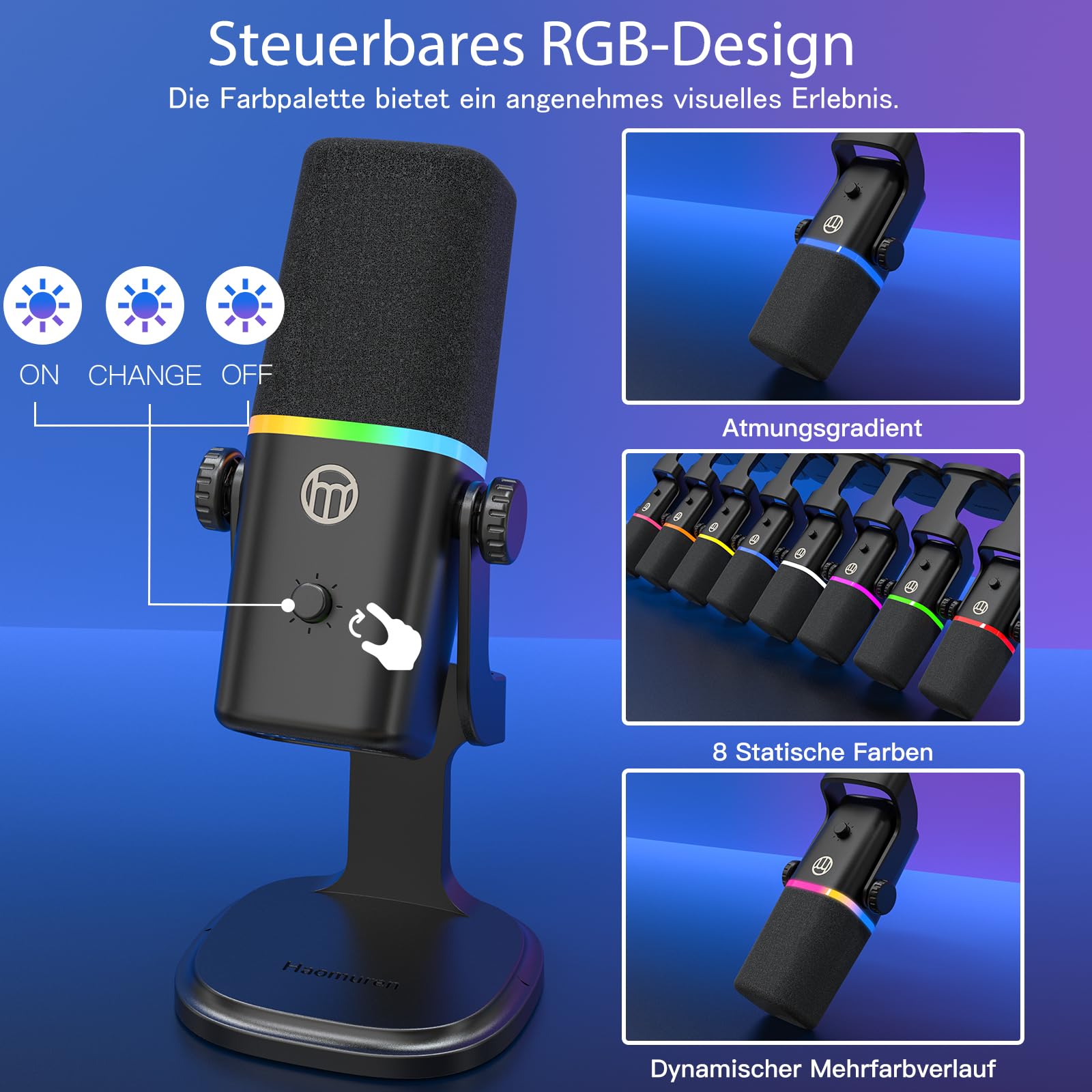 Haomuren Dynamisches Mikrofon XLR/USB für Gaming-Podcast, für *Phone,Telefon,PC,Gaming-Streaming-Mikrofon mit RGB-Licht, Stummschalttaste, Mikrofonverstärkung, Desktop-Ständer, Singen, YouTube