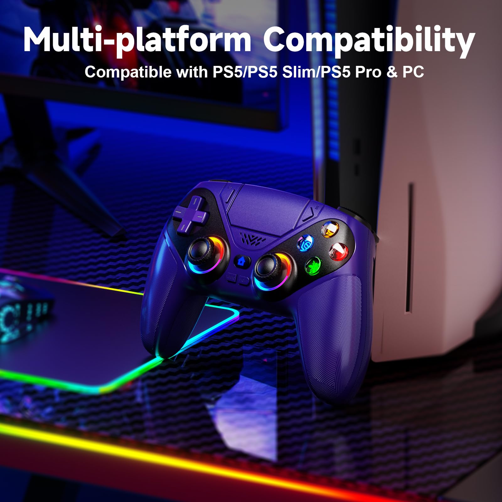 Controller wireless per PS5/PlayStation 5 e PC - Viola, gamepad Bluetooth con Turbo, sensore di movimento a 6 assi, pulsanti programmabili, illuminazione RGB, jack audio da 3,5 mm
