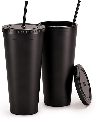 Maars - Vaso de viaje de acrílico con tapa y pajilla, 32 onzas, aislamiento de alta calidad, doble pared XL, vasos reutilizables de plástico, negro