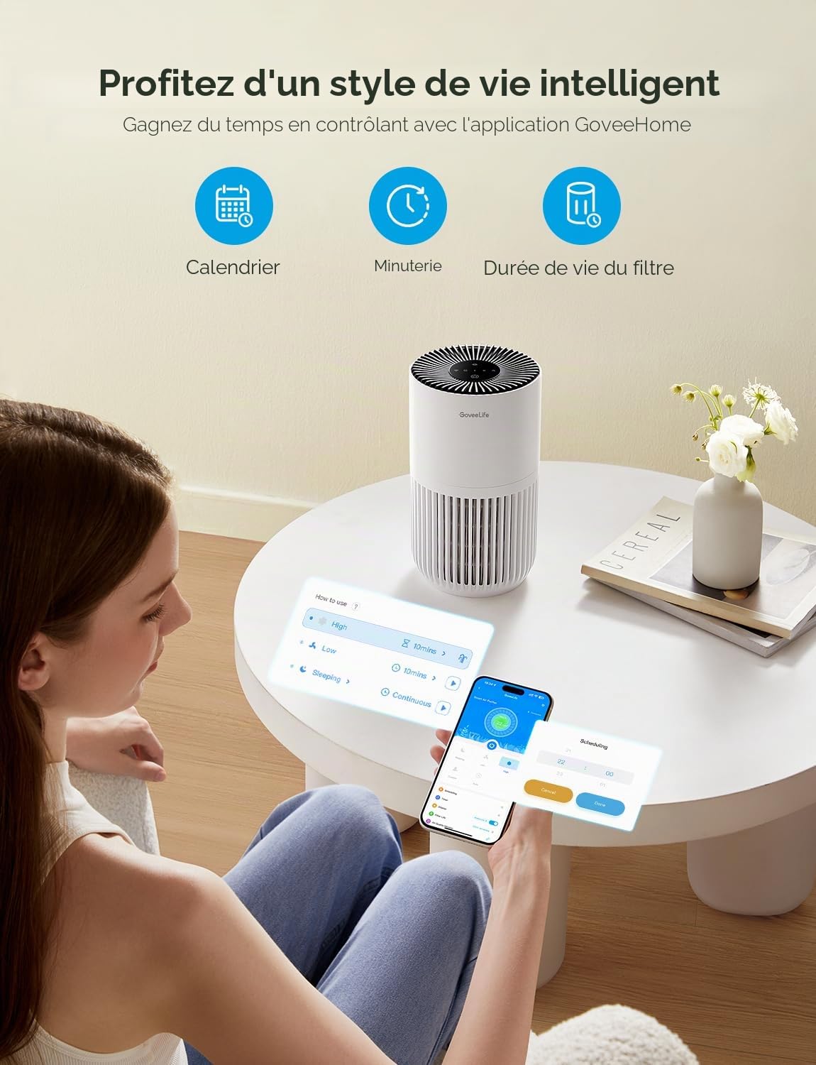Mini purificateur d'air GoveeLife pour chambre, avec filtre HEPA pour poils d'animaux, odeurs, pollens et fumée, Alexa compatible, 3 vitesses, 2 modes, minuterie et diffusion d'arômes pour la maison