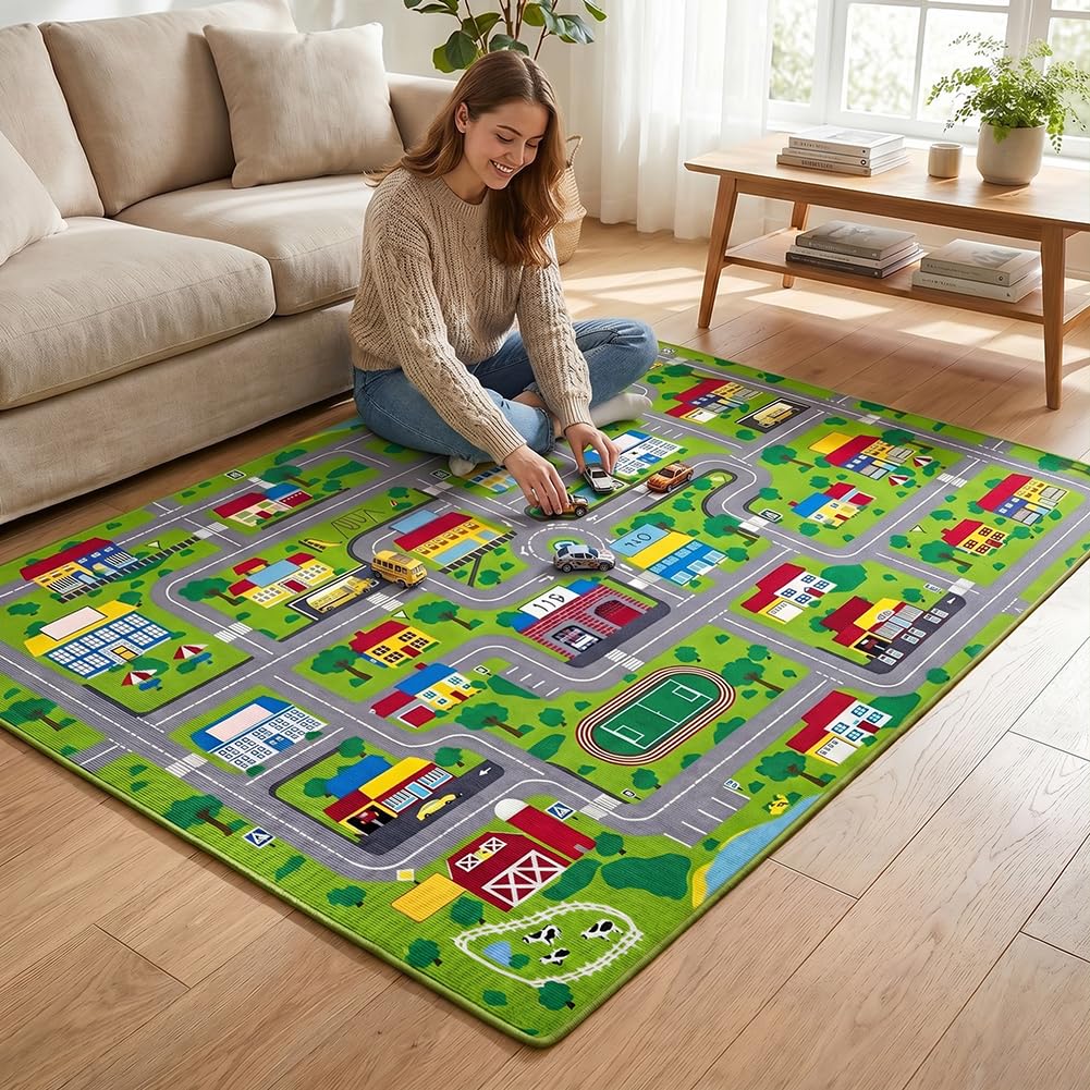 Spielteppich Stadt Rectangular Anti Slip Rug, Weicher Kuscheliger Teppich Kristall, Cartoon Teppiche Fein Vernähter Rand Ideale für Kinderzimmerdekoration und Spielspaß 80 * 120CM (Green)