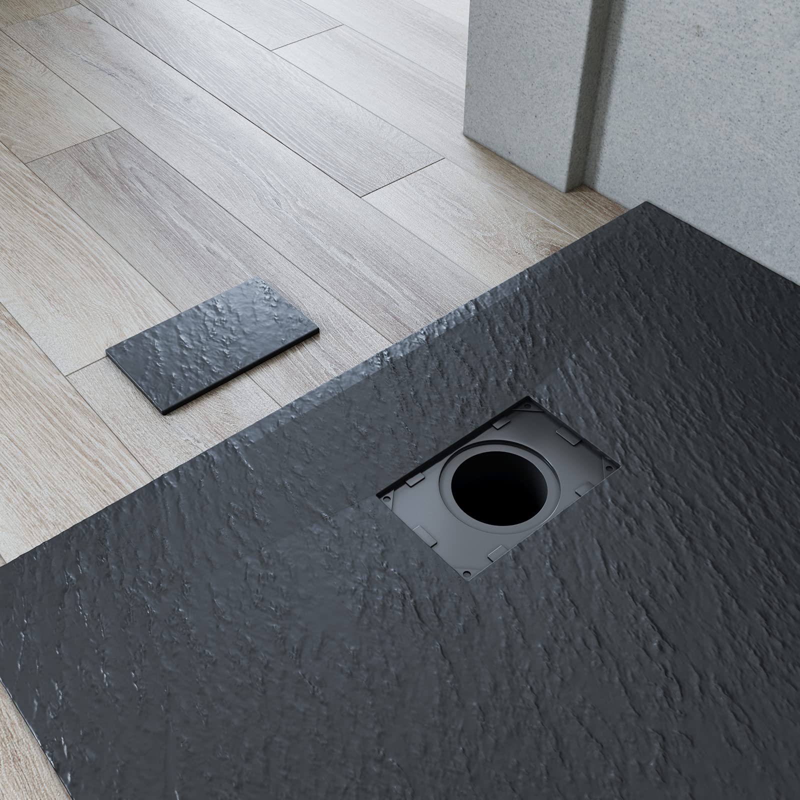 SMC Plato de ducha 120 x 90 cm, ‎Negro con sifón, plano, estructura antideslizante | Incluye desagüe de 90 mm de diámetro, plato de ducha plano, diseño especial para un desagüe oculto