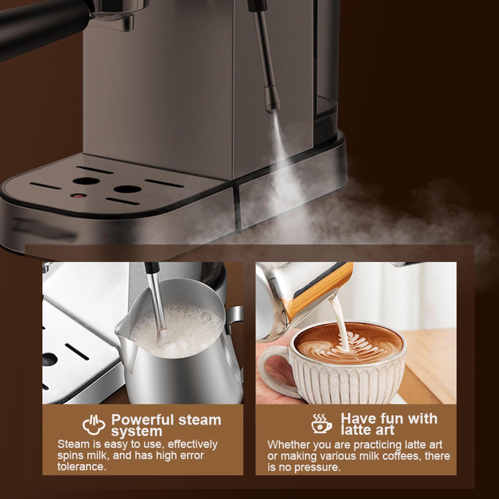 Cafetera Espresso Profesional de 20 Bares, Cafetera Espresso de Acero Inoxidable con Varilla de Vapor Espumador de Leche y Manómetro, Cafetera Compacta
