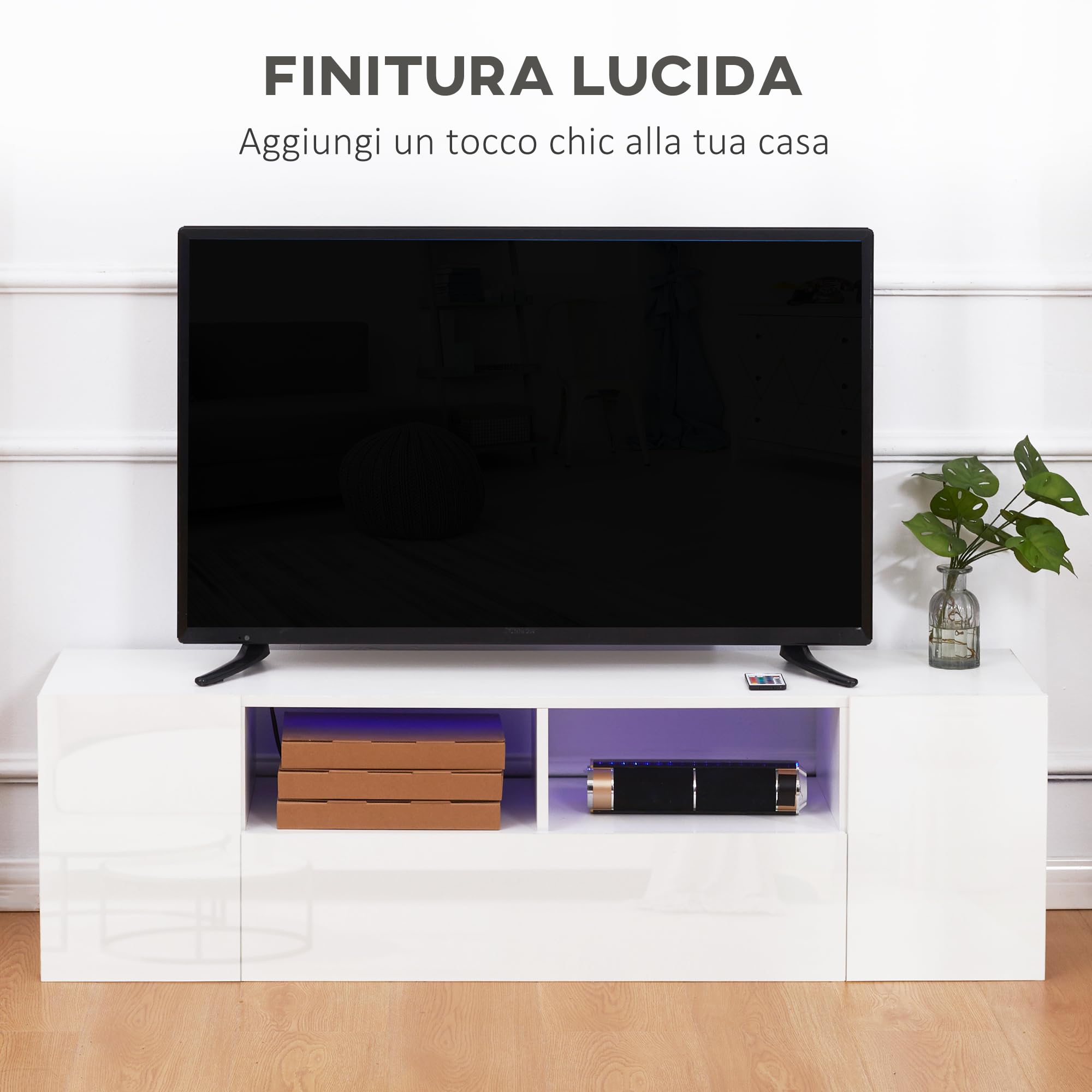 HOMCOM Mobile TV 60" max in Truciolato, Mobiletto TV con 3 Ripiani, 2 Armadietti e Luci LED, 137x35x42 cm, Bianco Lucido