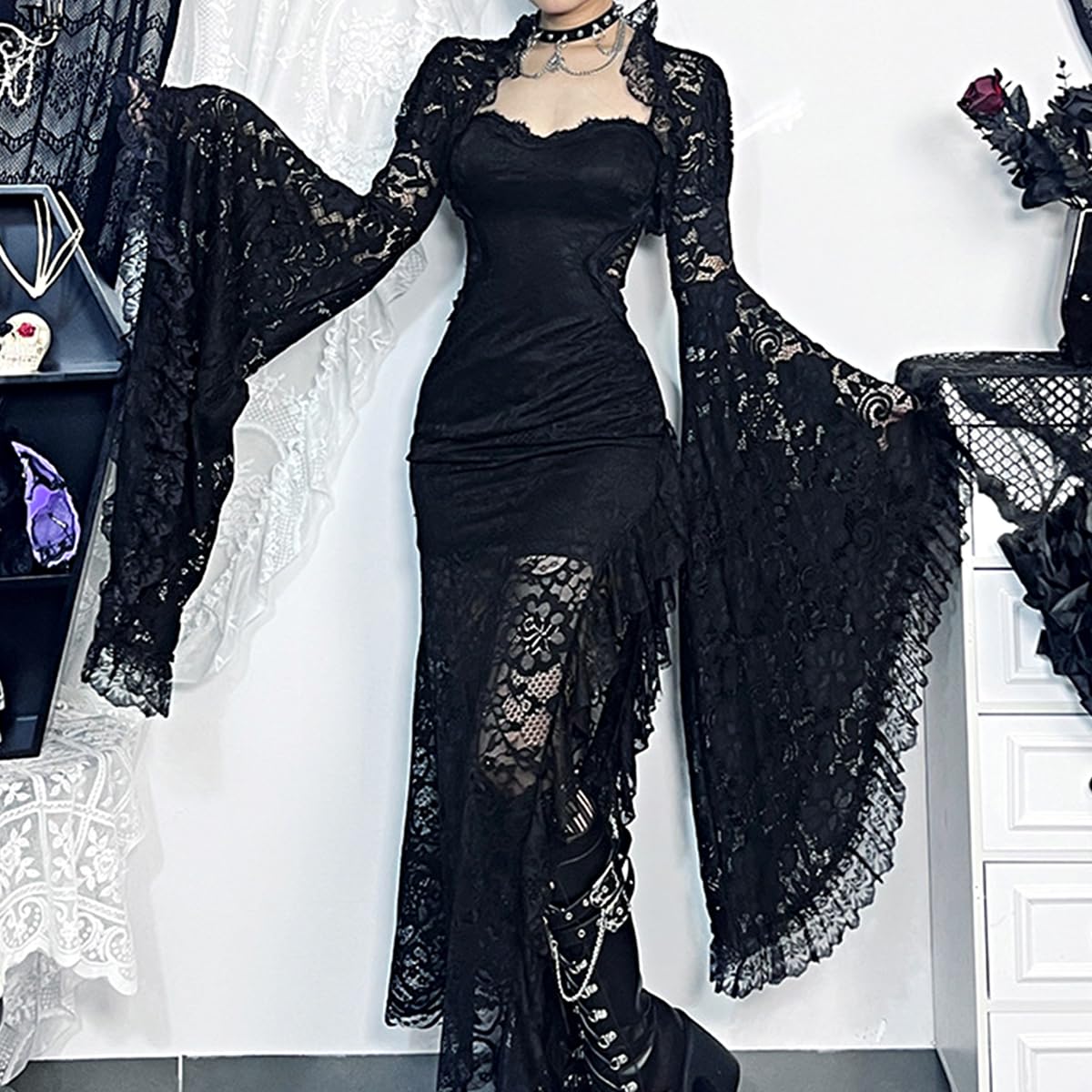 L'VOW Women's Lace Bolero Shrug Goth Crop Top Victorian Lace Sleeves for Witch Vampire Cosplay