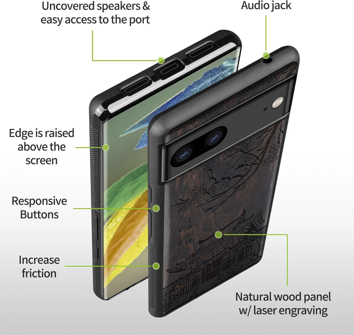 Carveit Wood Case for Pixel 7a Case [Natural Wood & Black Soft TPU] Shockproof Protective Cover Unique Wooden Phone Case Compatible with Google Pixel 7a (Traditional Temple-Blackwood)