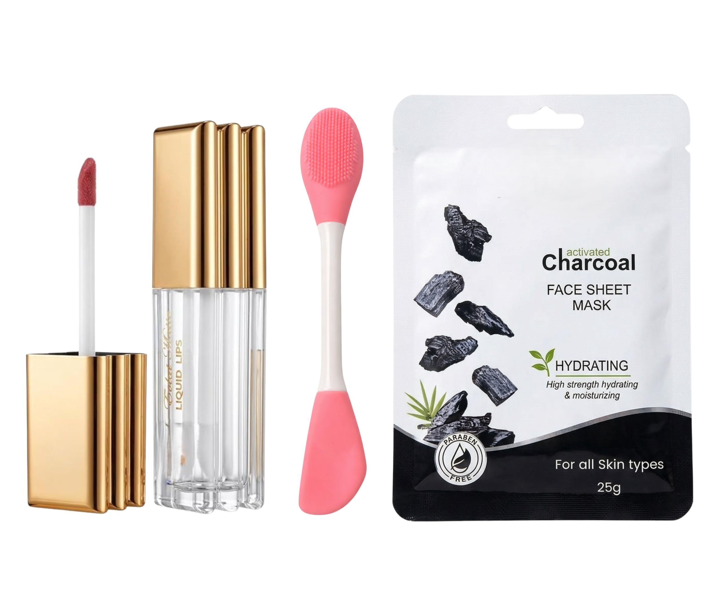 3-in-1 Glow Skincare & Lip Beauty Combo Set | Activated Charcoal Hydrating Face Sheet Mask Luminous Clear High-Shine Lip Gloss & Dual-Ended Silicone Face Mask Brush Applicator Tool Kit for Women & Girls-image-40