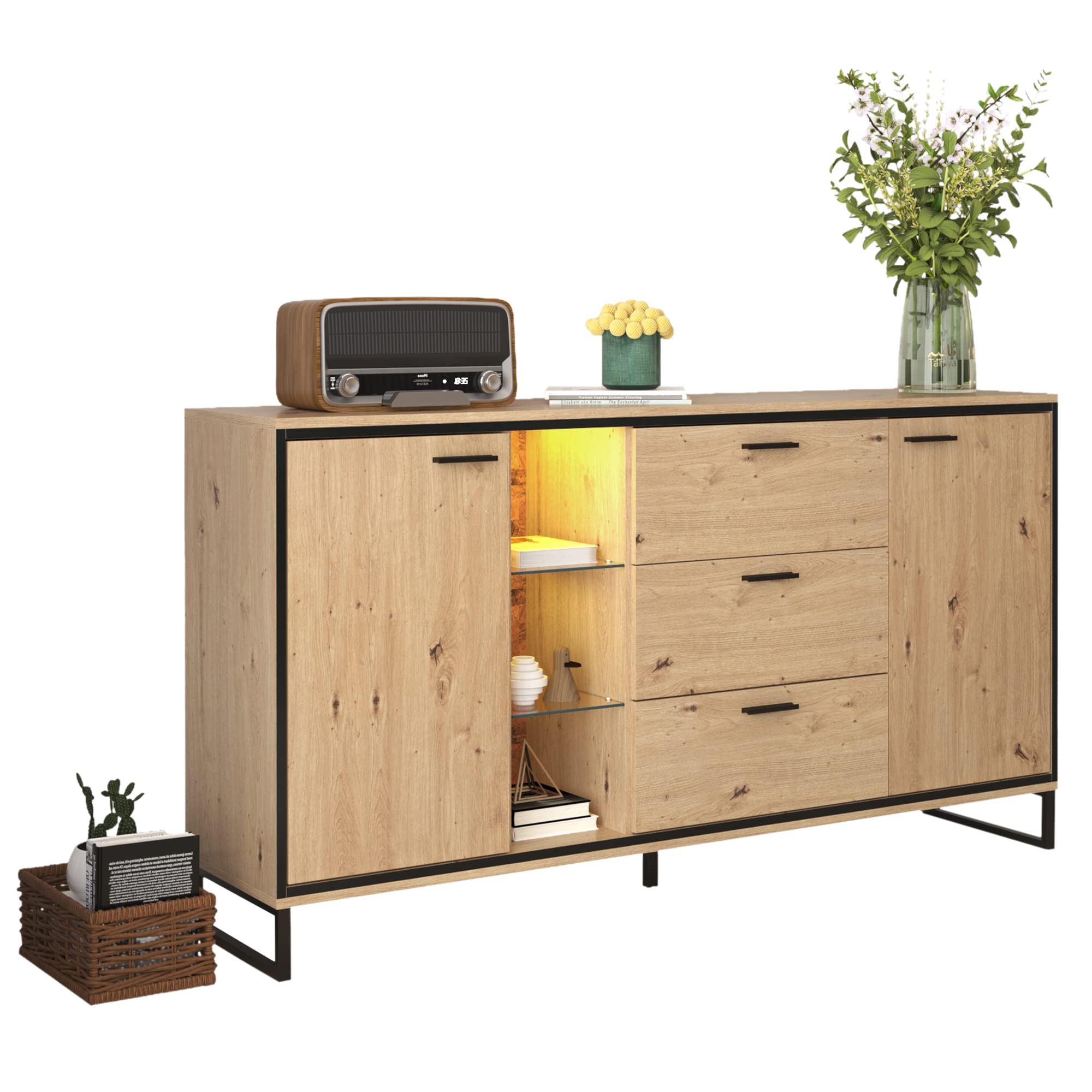 Credenza a tre cassetti con due ante Squisita venatura Credenza moderna in colore legno con ripiani - Mobili eleganti e funzionali, colore nero e legno.