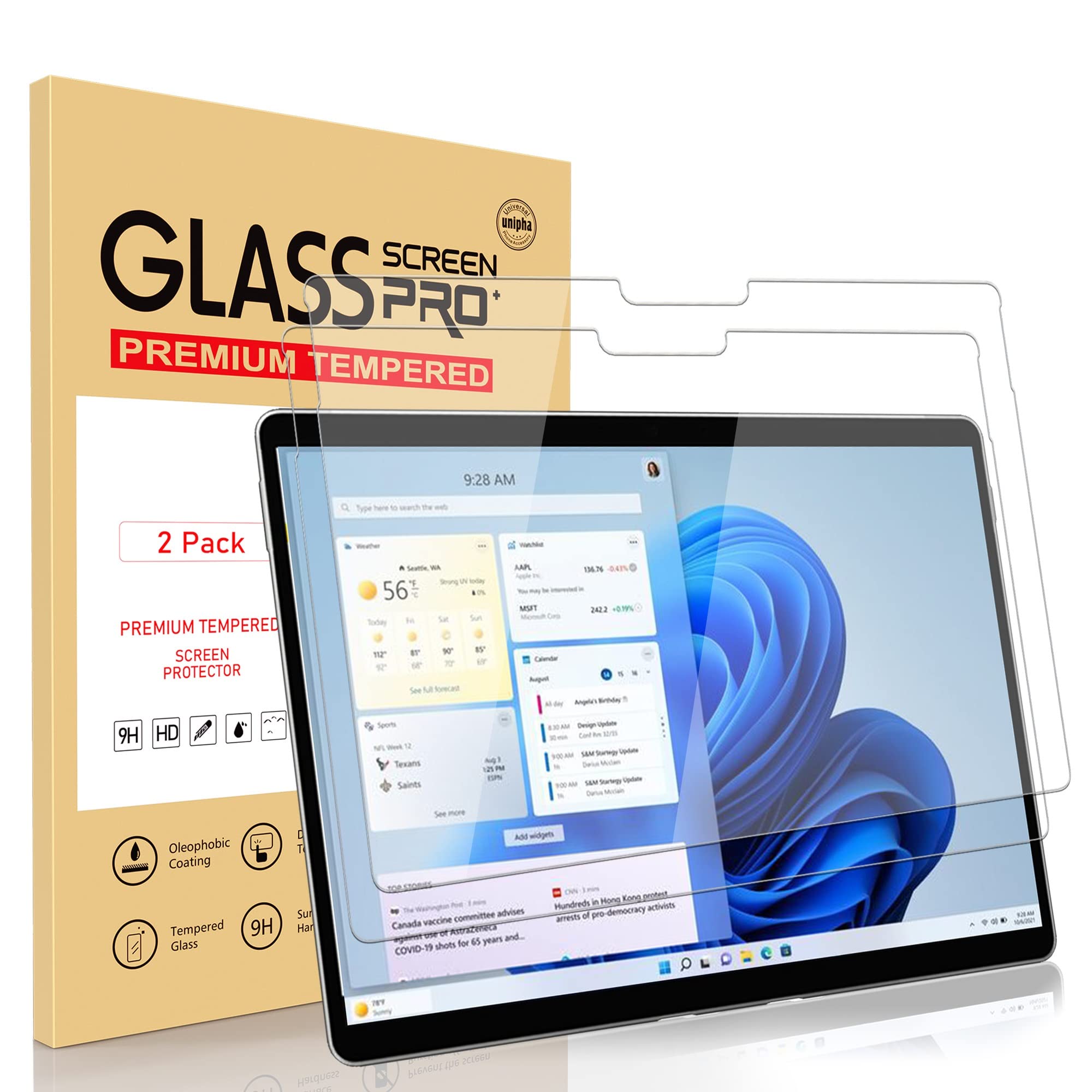 2-Pack Screen Protector for Microsoft Surface Pro 9/Pro 8/Pro X (13 Inch), Bubble Free, Anti-Fingerprint, 9H Hardness Tempered Glass Screen Protector.