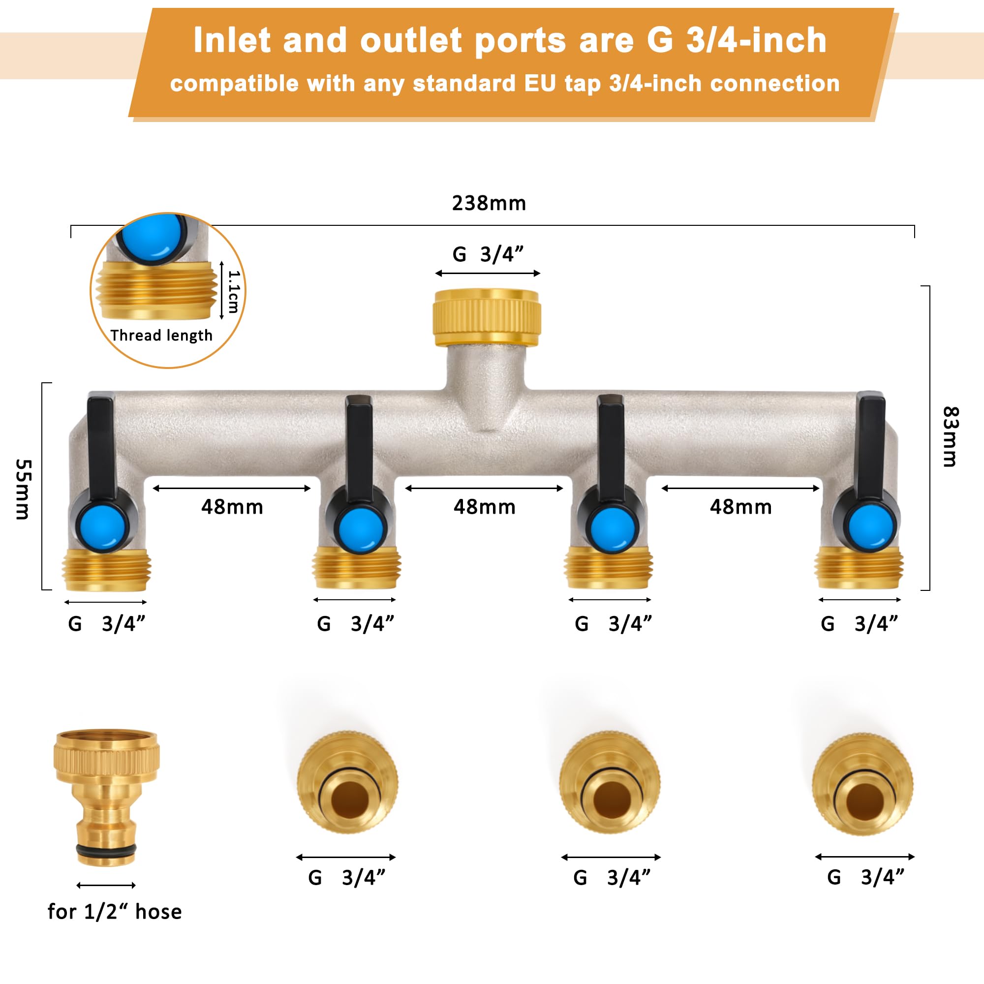 Distributeur D'Eau à 3 Voies En Laiton - Pour Robinet 3/4" - Avec Adaptateurs 1/2" - Arrosage Jardin - 6