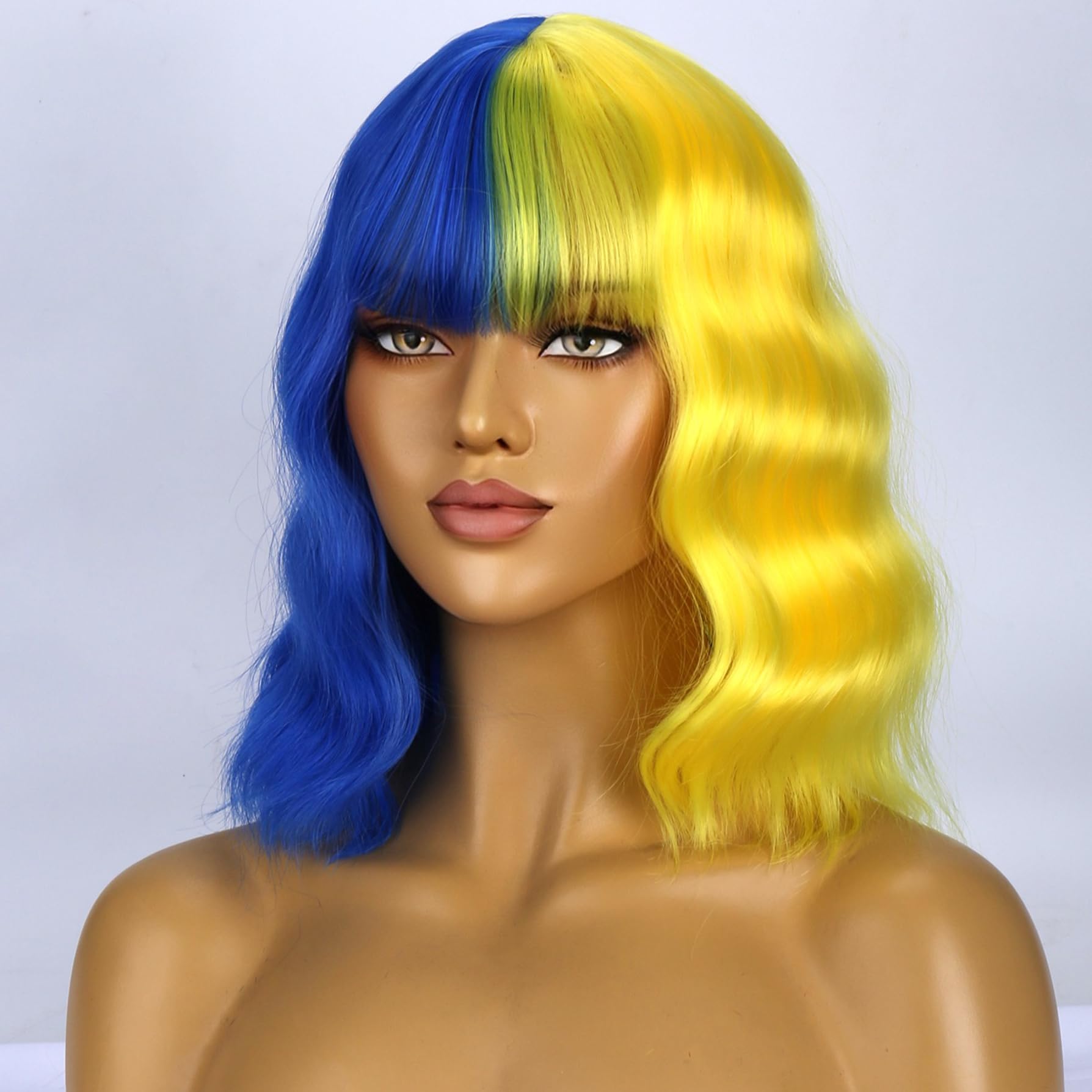 Photo 1 of WTHCOS Blue and Yellow Wigs for Women Short Curly Wavy Cosplay Wig With Bangs Heat Resistant Synthetic Wigs for Daily Use With Wig Cap