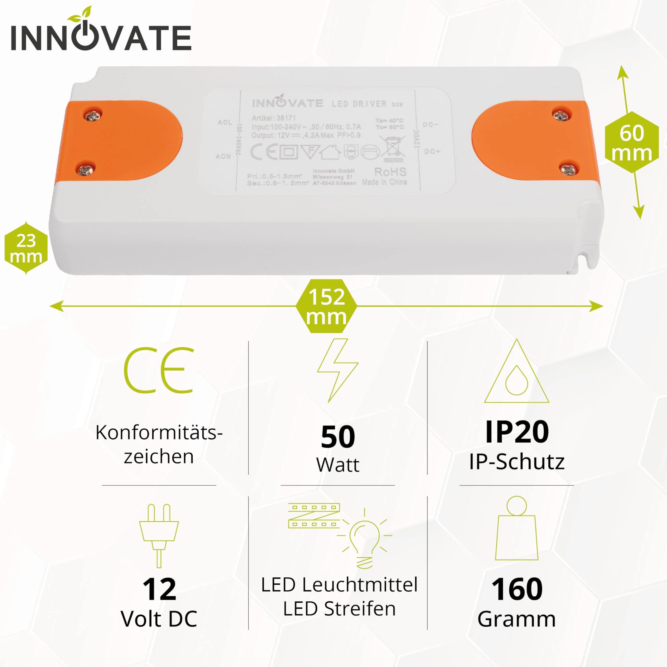 INNOVATE DC 12V Netzteil LED 0-50 W mit Stecker I LED Trafo 230V auf 12V