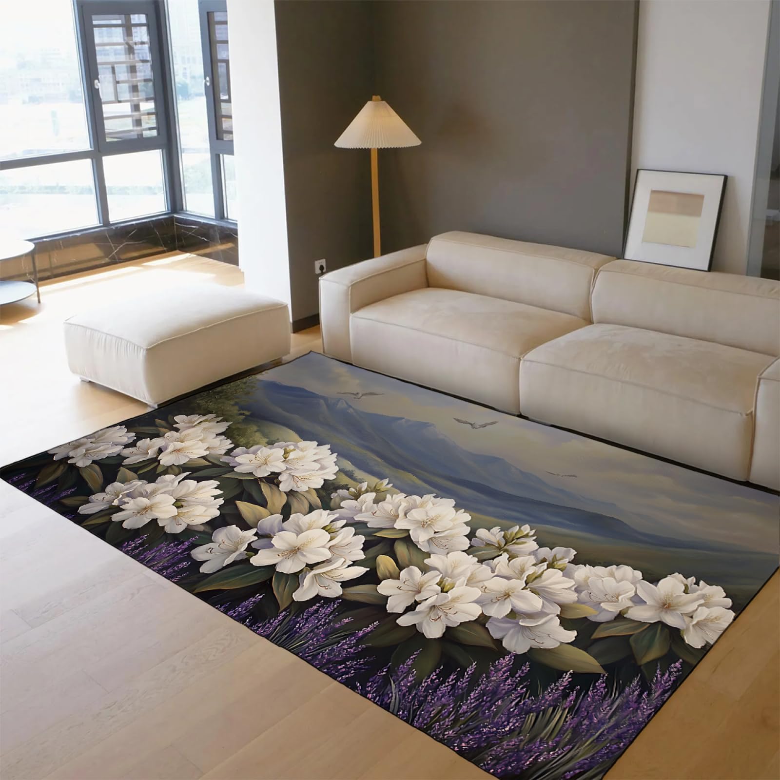 Tapis paysage moderne chaîne de montagne et fleurs blanches pour salon