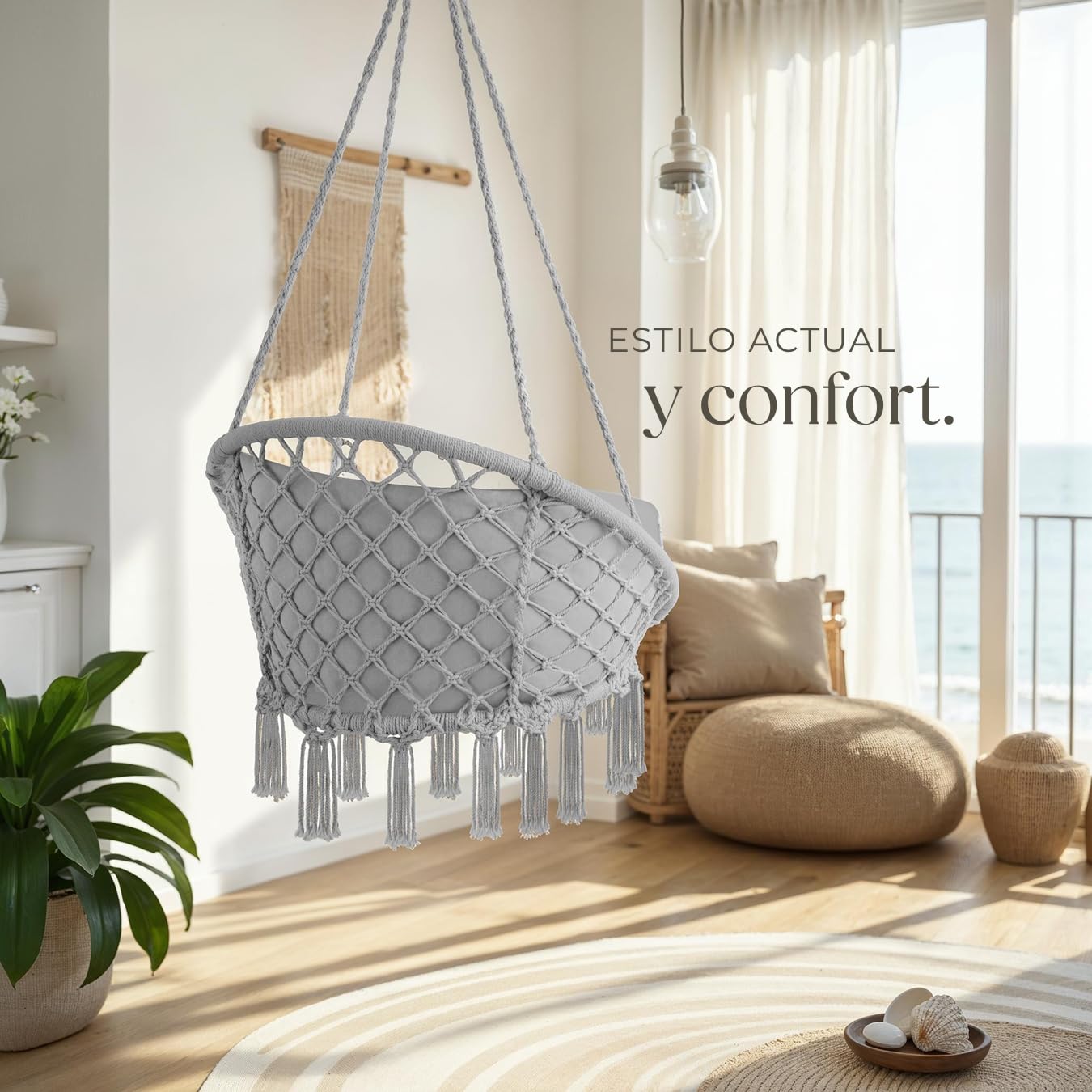 tectake® Cesta Colgante de Estilo Boho Ø 80 cm, Cojines Gruesos de 10-12 cm, Sillón Balancín con Robustas Borlas y 2 Anillas de Fijación, para Interior y Exterior, Cap. de Carga: 160 kg - Gris