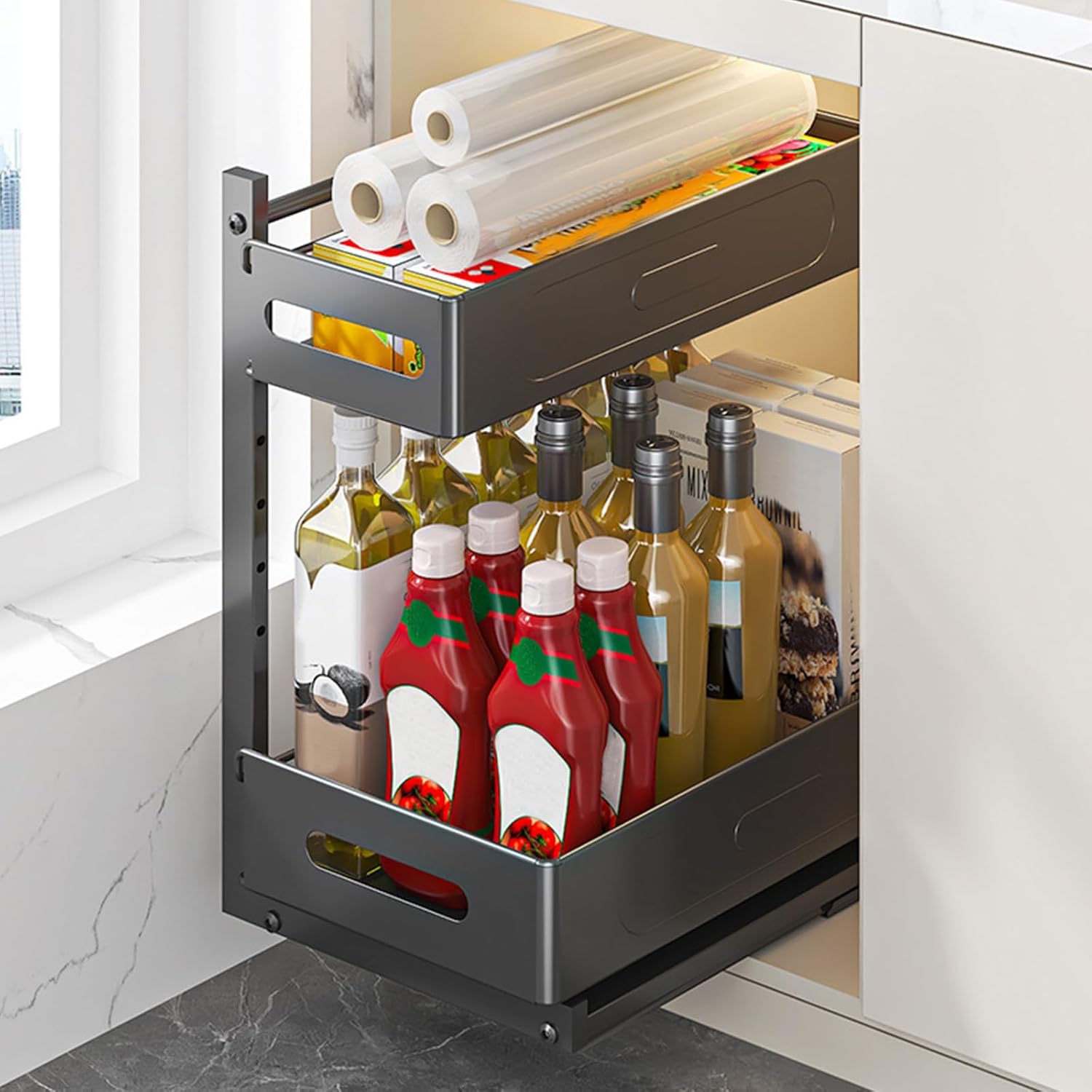 HABITLLO Under Sink Organizer, 2 Tier Bathroom Cabinet Organizer with Adjustable Height, Sliding Cabinet Basket Organizer Drawer for Kitchen, Bathroom, Laundry, Pantry