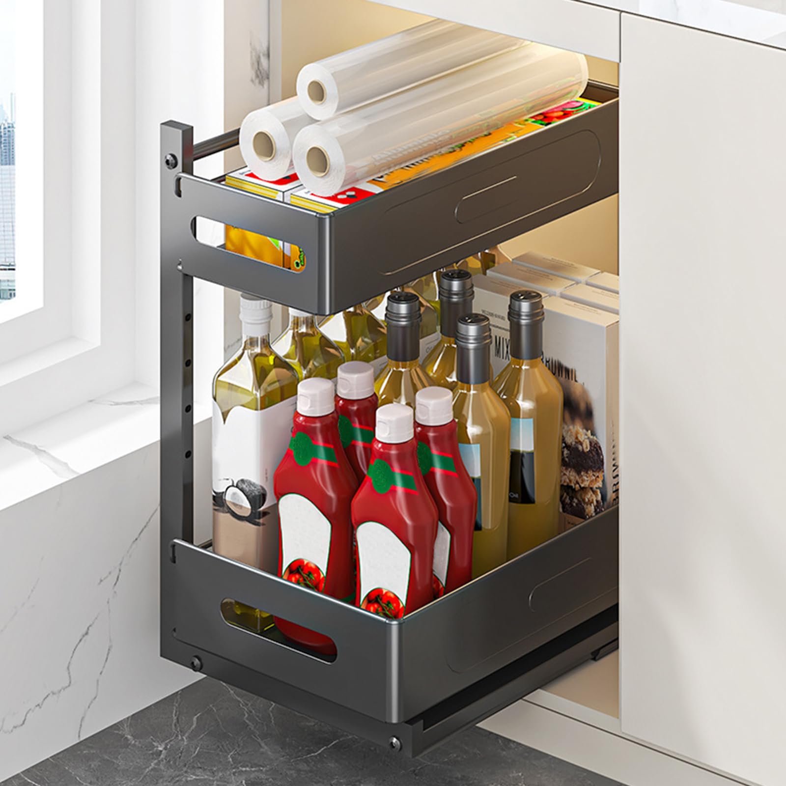 2 Niveaux Rangementr Sous Evier Cuisine et Salle de Bain, Tiroir Coulissant Cuisine Multi-Usage avec Installation Sans Perçage, Silencieux à Billes Acier (Blanc)