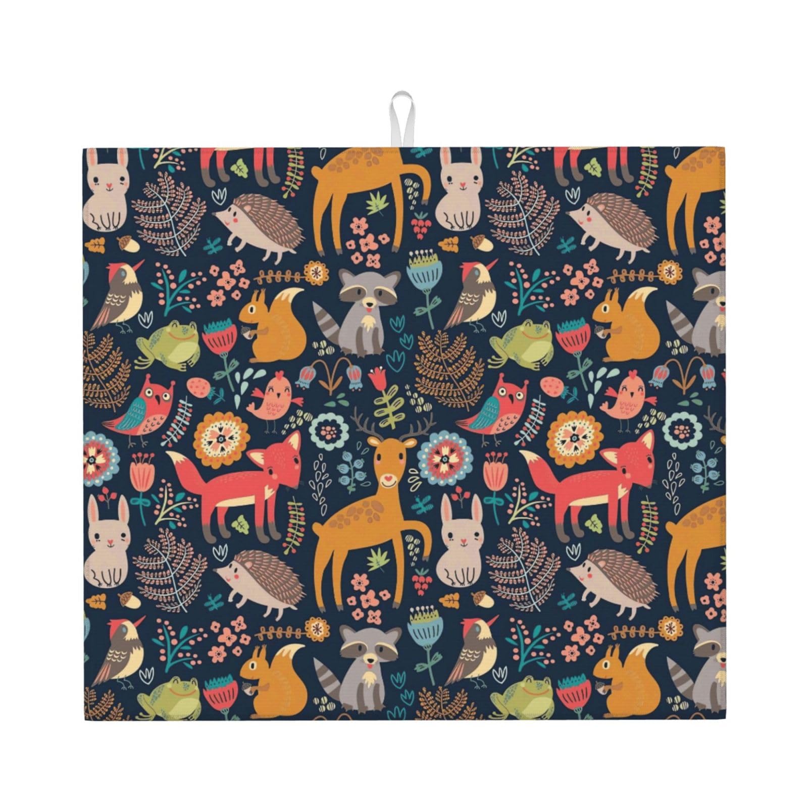 WHJSHOP Owl Rabbit Bird Fox Prints Kitchen Drying Mat – Absorbent Dish Throw for Countertops, Quick-Dry Non-Slip Layer with Colorful Prints, Ideal Housewarming Gift