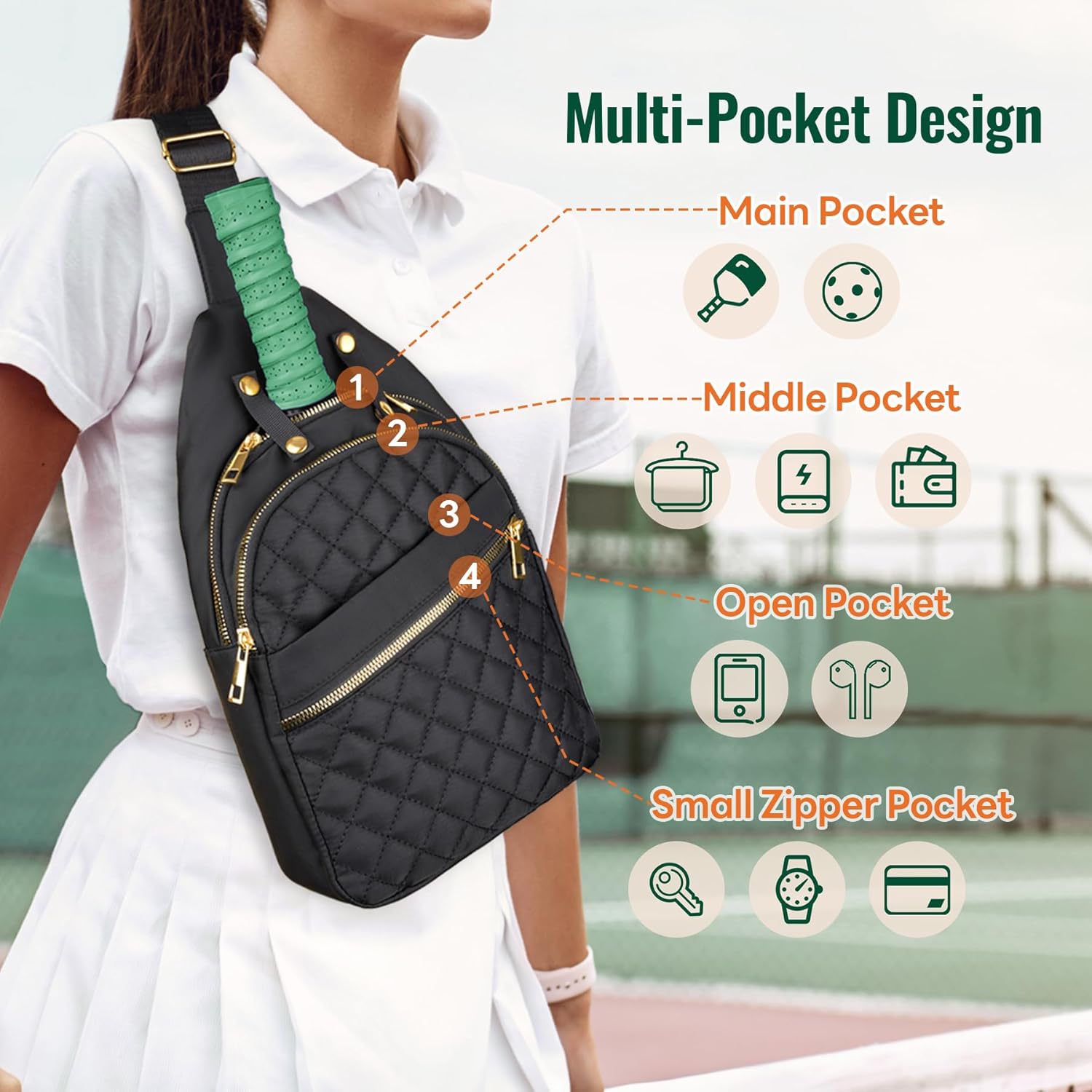 NiHome Pickleball Sling Bag for Men & Women, Water-Repellent Polyester Crossbody Backpack with Adjustable Strap, Fits 2 Paddles & 6 Balls, Tablet Pocket, Front Zipper Storage for Phone & Gear (Black) - Image 4