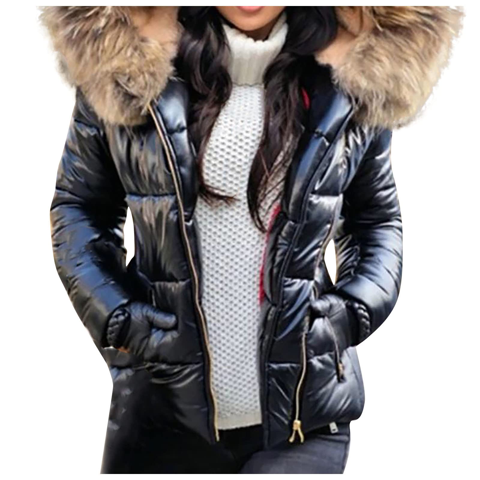 FUPODD Daunenjacke Damen Winter Kurz Glänzend Steppjacke Leicht Mit Kapuze Winterjacke Damen Warm Fellkapuze Puffer Jacke Reflektierend Steppmantel Reissverschluss Wintermantel Kurze Daunenmantel