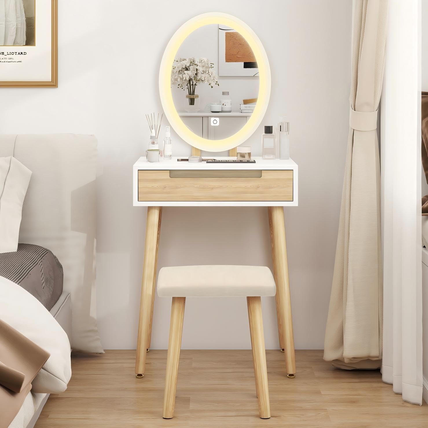 YU YUSING Tocador de Maquillaje con luz, 1 cajones, Organizador extraíble, Mesa cosmética con Taburete tapizado, para Dormitorio, vestidor，Moderno, Espejo Ovalado, Color de Madera