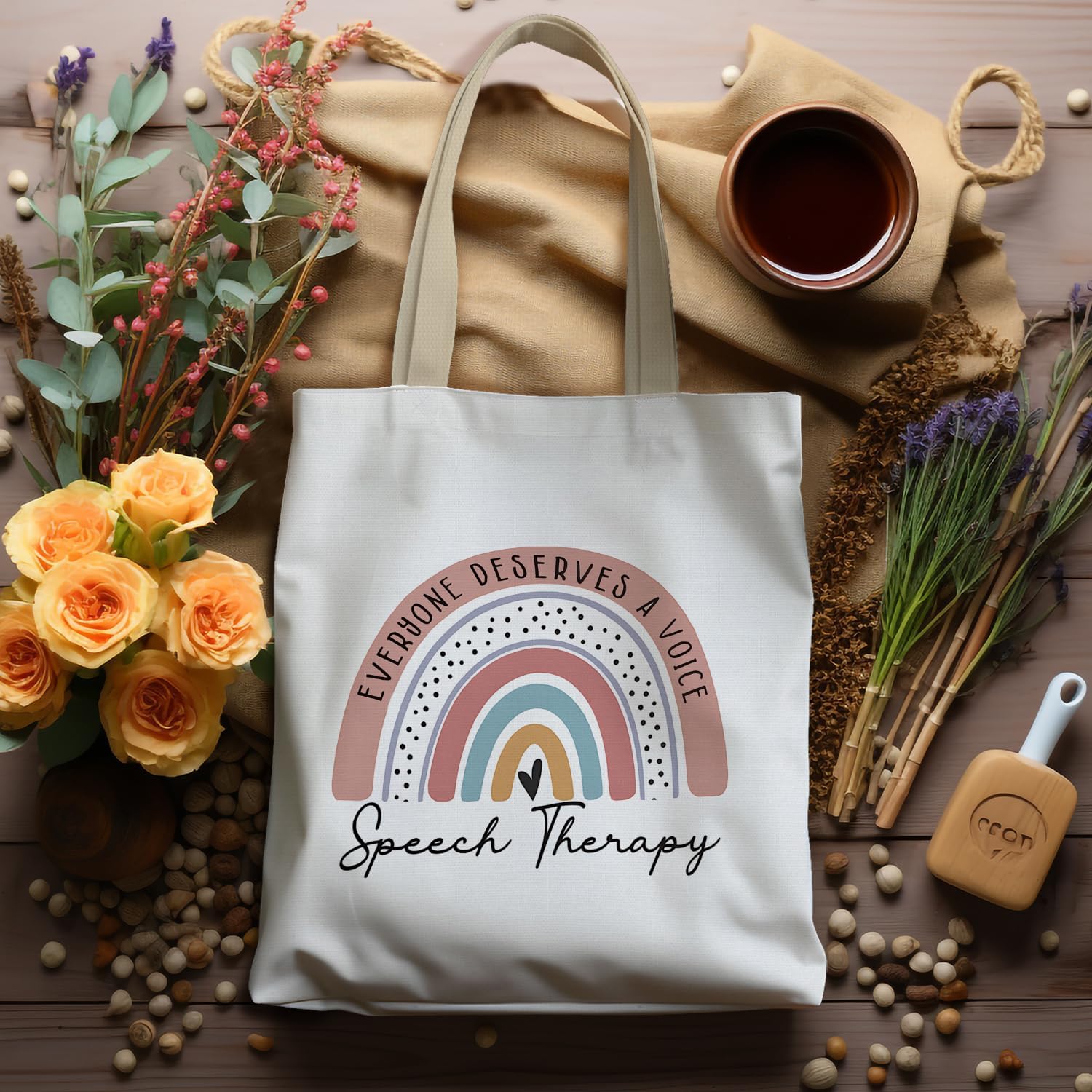 Speech Pathology Tote Bag, Speech Therapist Gifts for Women, Speech Language Pathologist Gifts, SLP Gifts, Boho Rainbow Canvas Tote Bags for Women, Reusable Grocery Bags Shopping Bags, White - Image 3