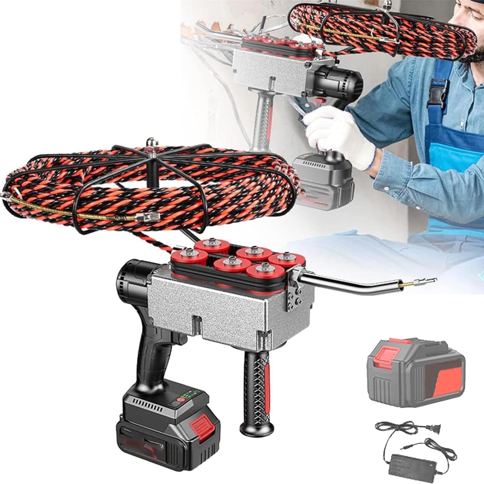 Pnpaea Automatic Cable Threading Tool,Hydroelectric Electrical Drill Wire Puller,Portable Threading Tools,for Professional Tennis/Badminton Tournaments 15MeterLeadWire-1battery(15cells)