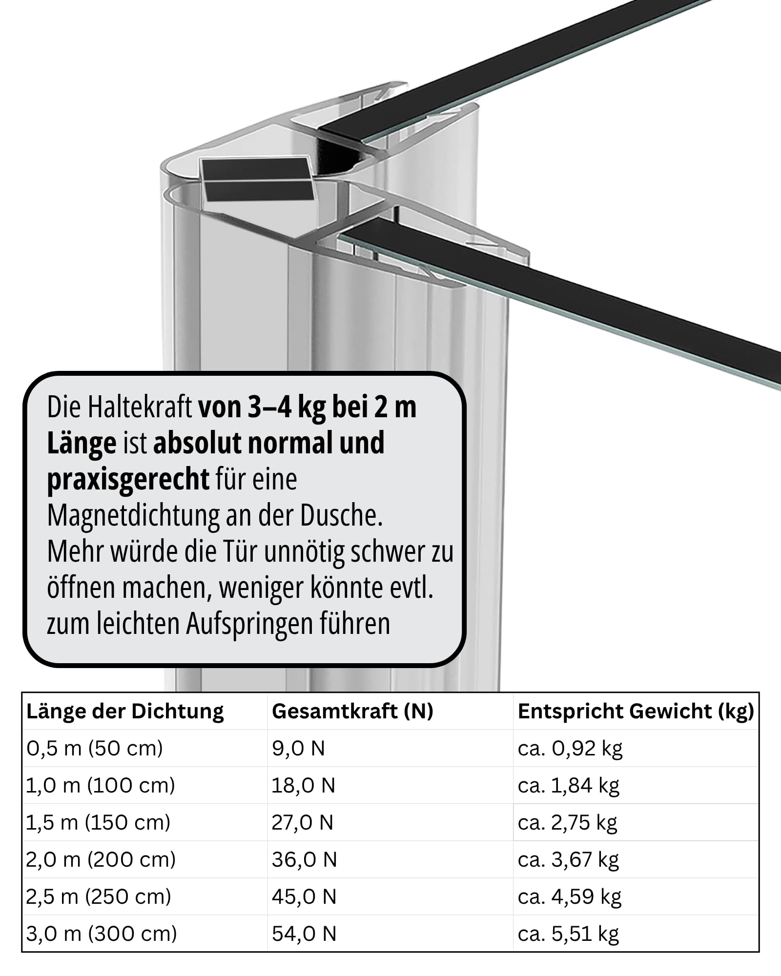Gedotec Junta magnética de labio de ducha impermeable para puertas de ducha – 1 par de juntas magnéticas 180° sin tope – Junta magnética de ducha PVC Longitud: 2 m – Junta de ducha 6 mm – 8 mm