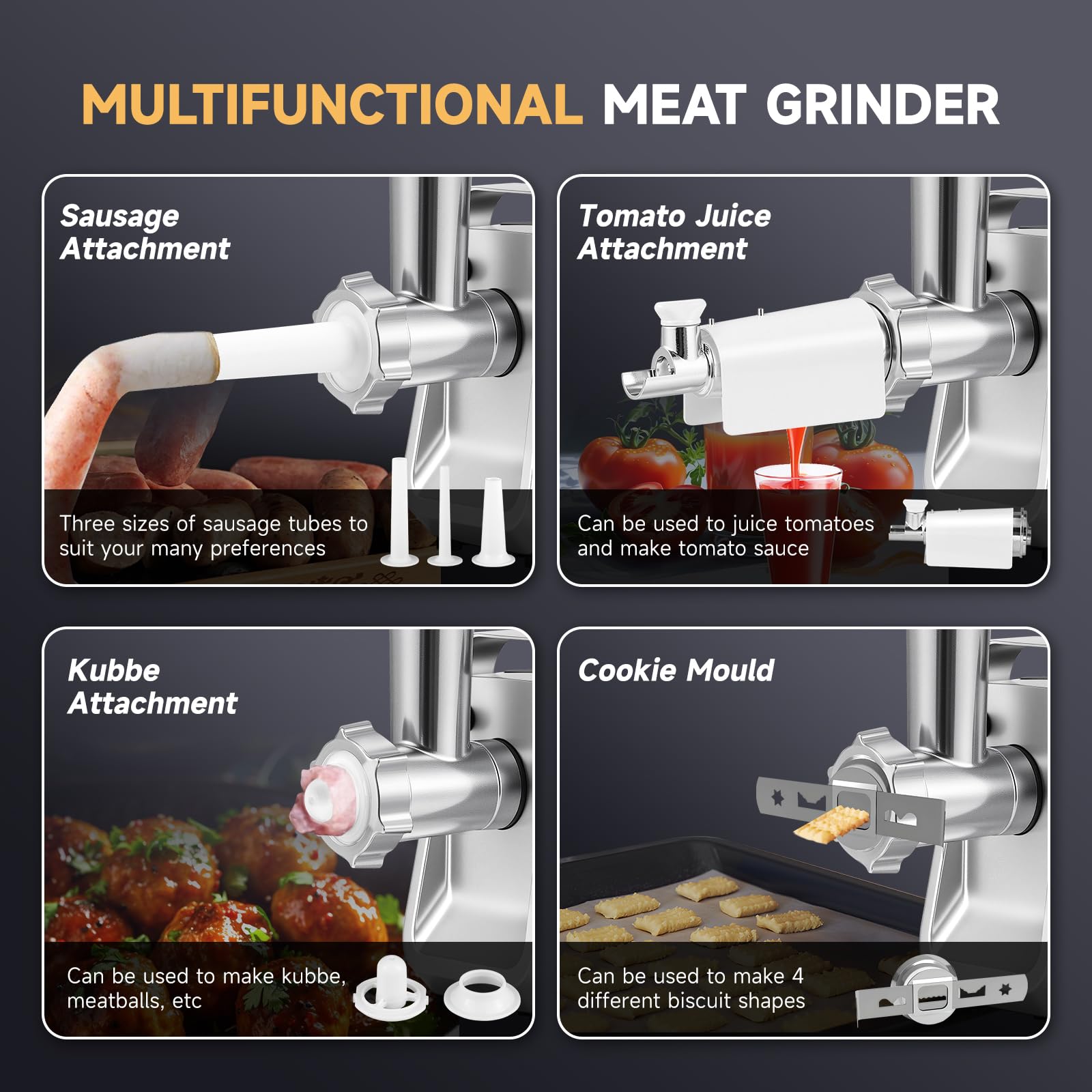 Hanchen Picadora de Carne Eléctrica 6 en 1 con 3 Tubo para Salchichas, 3 Discos Picadores, Accesorio para Galletas y Kubbe, cabezal para zumo de tomate, Cortador de Verduras Eléctrica