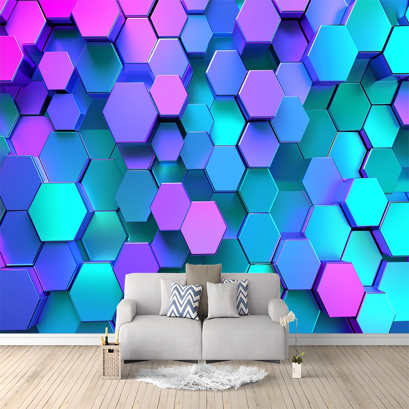 Tapeta niebieski i fioletowy gradient geometryczny plaster miodu 250 x 175 cm zdjęcie plakat mural tapeta, DIY sztuka ścienna mural wodoodporne tapety ścienne, do salonu sypialni przedszkola tło