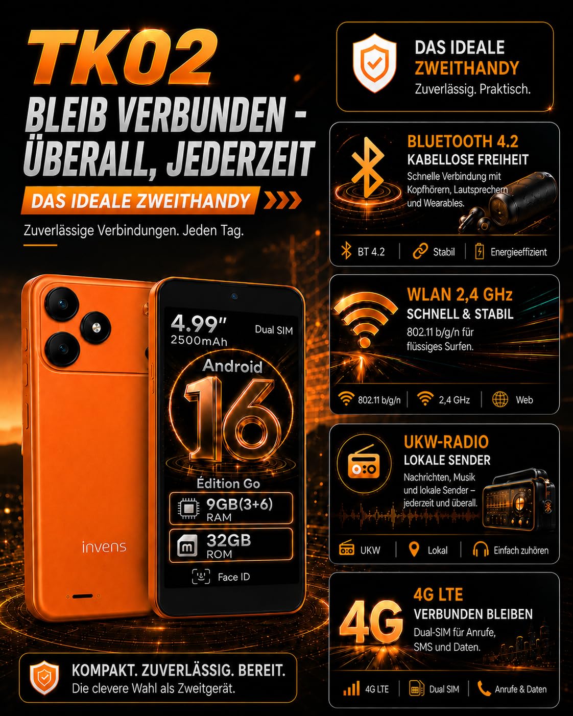 invens TK02 Smartphone Ohne Vertrag Günstig, Android 16 Go Handy, 5,0 Zoll, 9GB RAM (3+6) + 32GB ROM, 4G LTE, Dual SIM + TF 256GB, 8MP + 5MP Kamera, Abnehmbarer Akku, USB-C, 3,5 mm, Orange