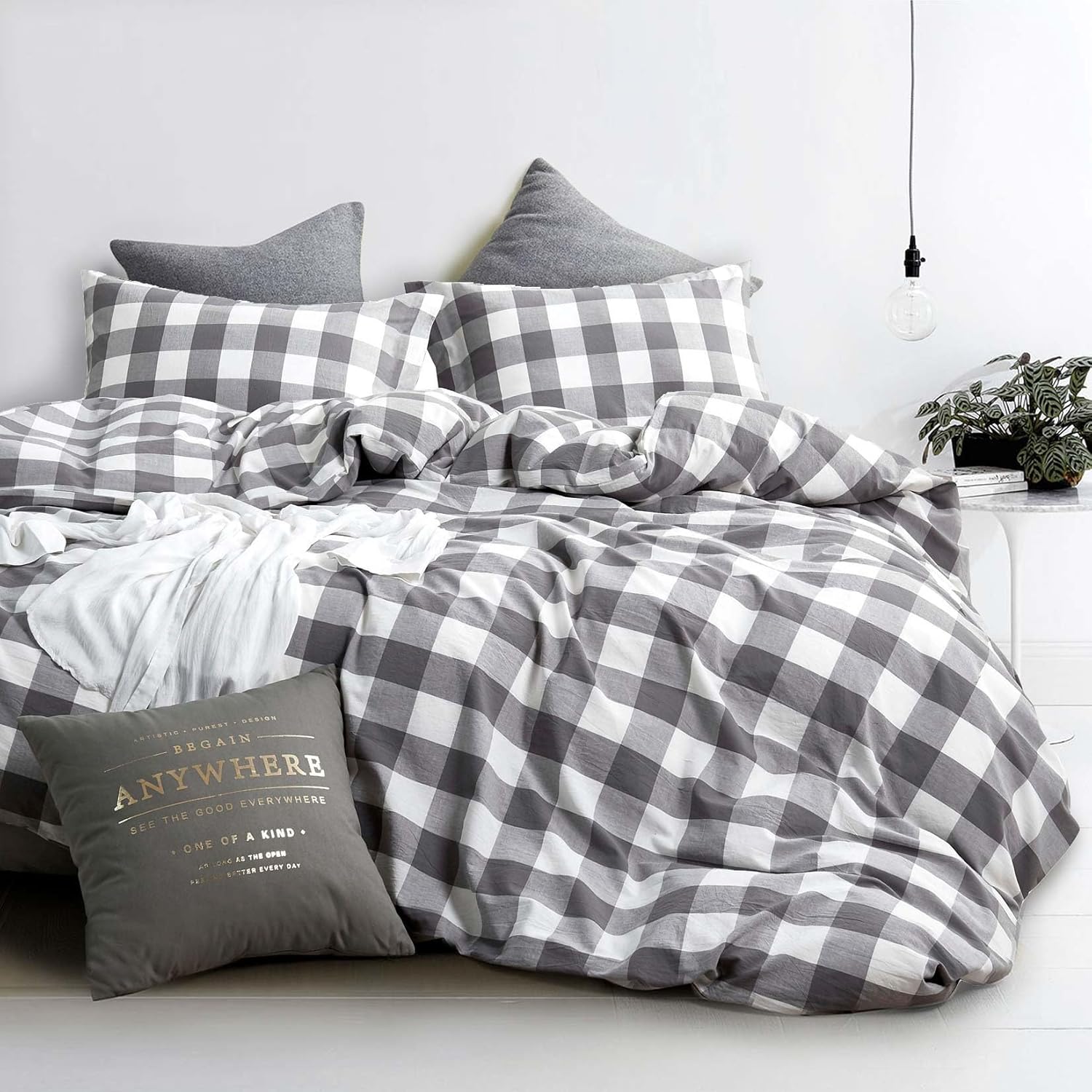 Wake In Cloud – Gingham Cotton Duvet Cover Set, Plaid Buffalo Check Checkered Farmhouse, 100% Washed Cotton Textured Percale Bedding Set, 3 Pieces, Grey White, California King Size