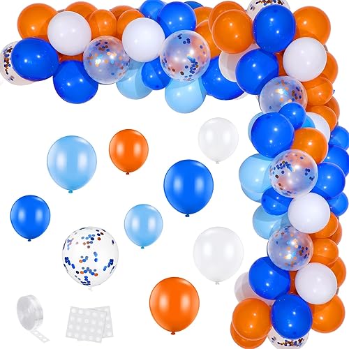 Sumind Kit de arco de globos azules y naranjas, de diferentes tamaños, confeti de látex, naranja, azul, blanco, guirnalda de globos para decoración