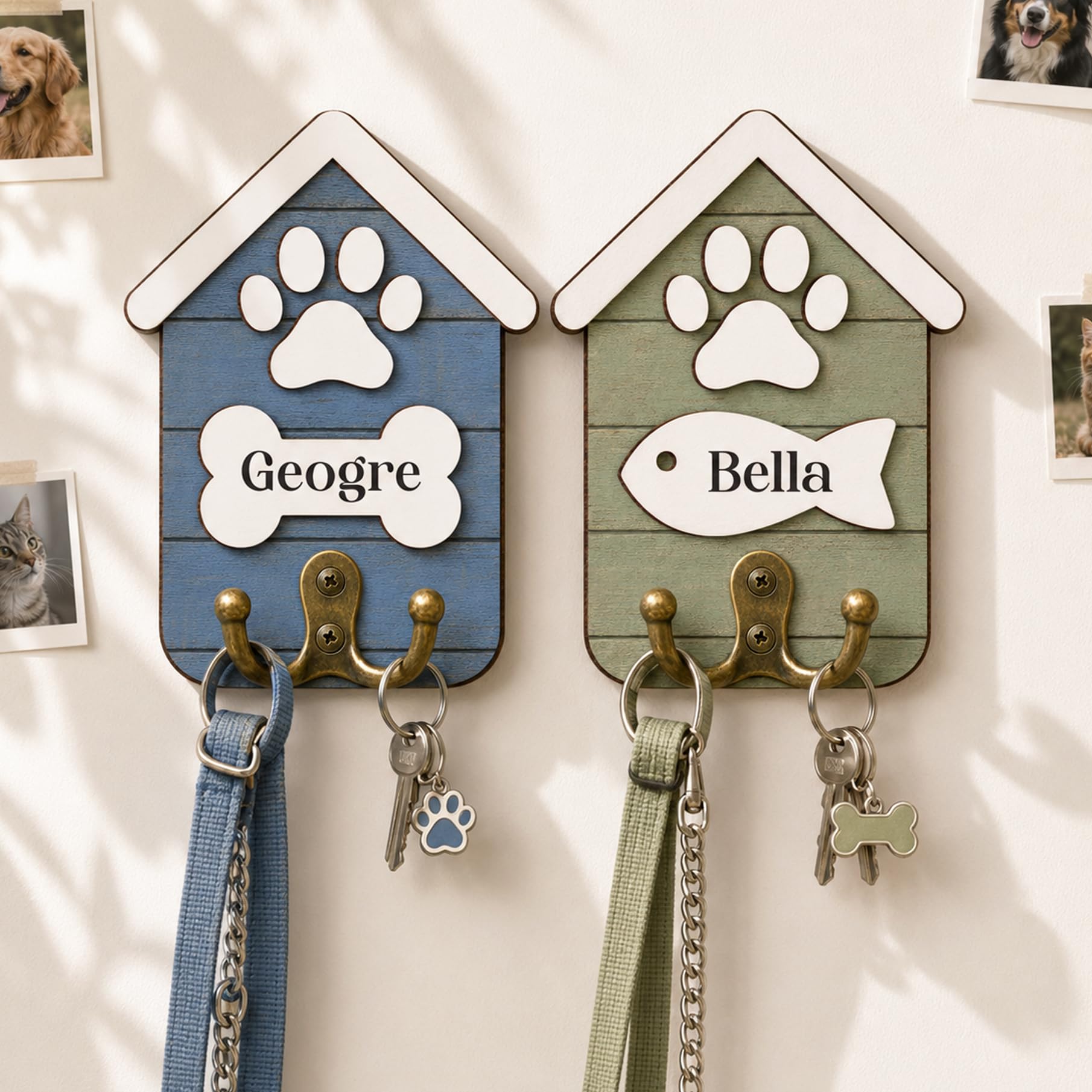 Personalized Dog Cat Leash Holder Wooden Sign, Pet Collar Wall Organizer