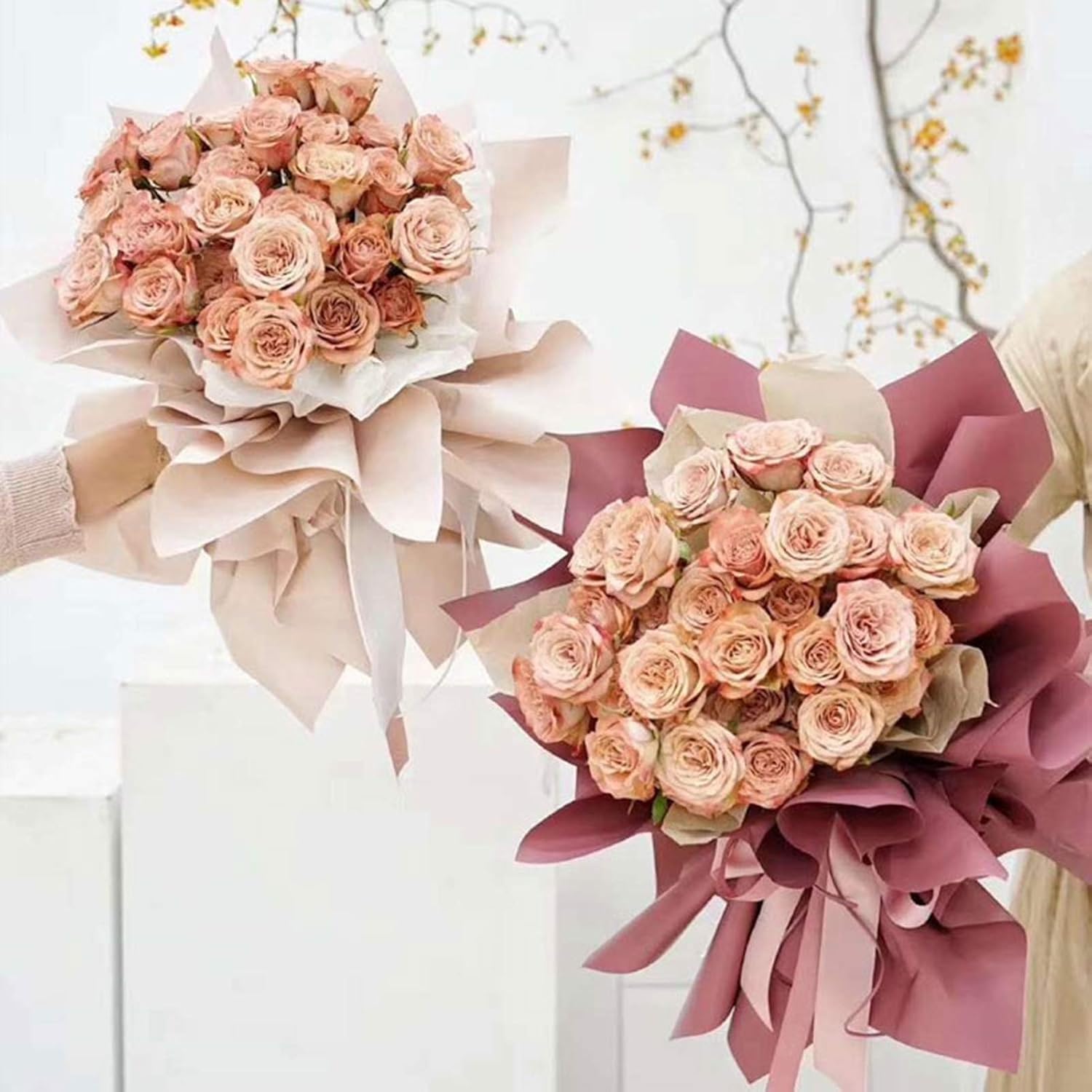 Banxidi Korean Honey Paper Floral Wrapping Paper 40 Sheets Florist Supplies Waterproof Flower Bouquet Wrapping Paper Floral Supplies for Fresh Flowers, 22.8x22.8 Inch (Honey Powder)