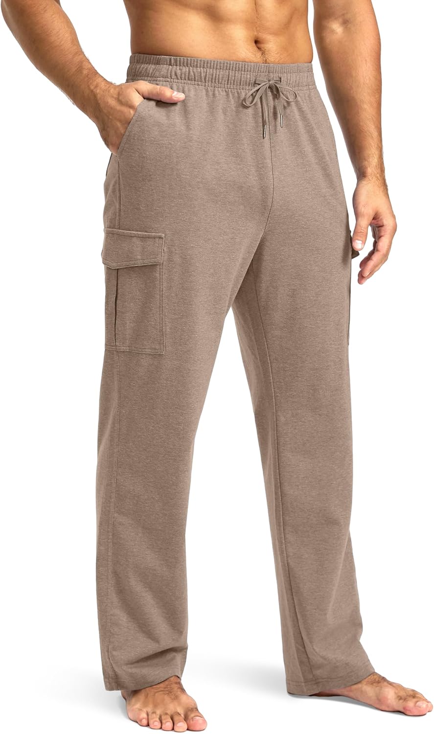 Pudolla Men's Cotton Sweatpants with Cargo Pockets Open Bottom Yoga Pants for Men Lounge Pants for Athletic Workout Casual