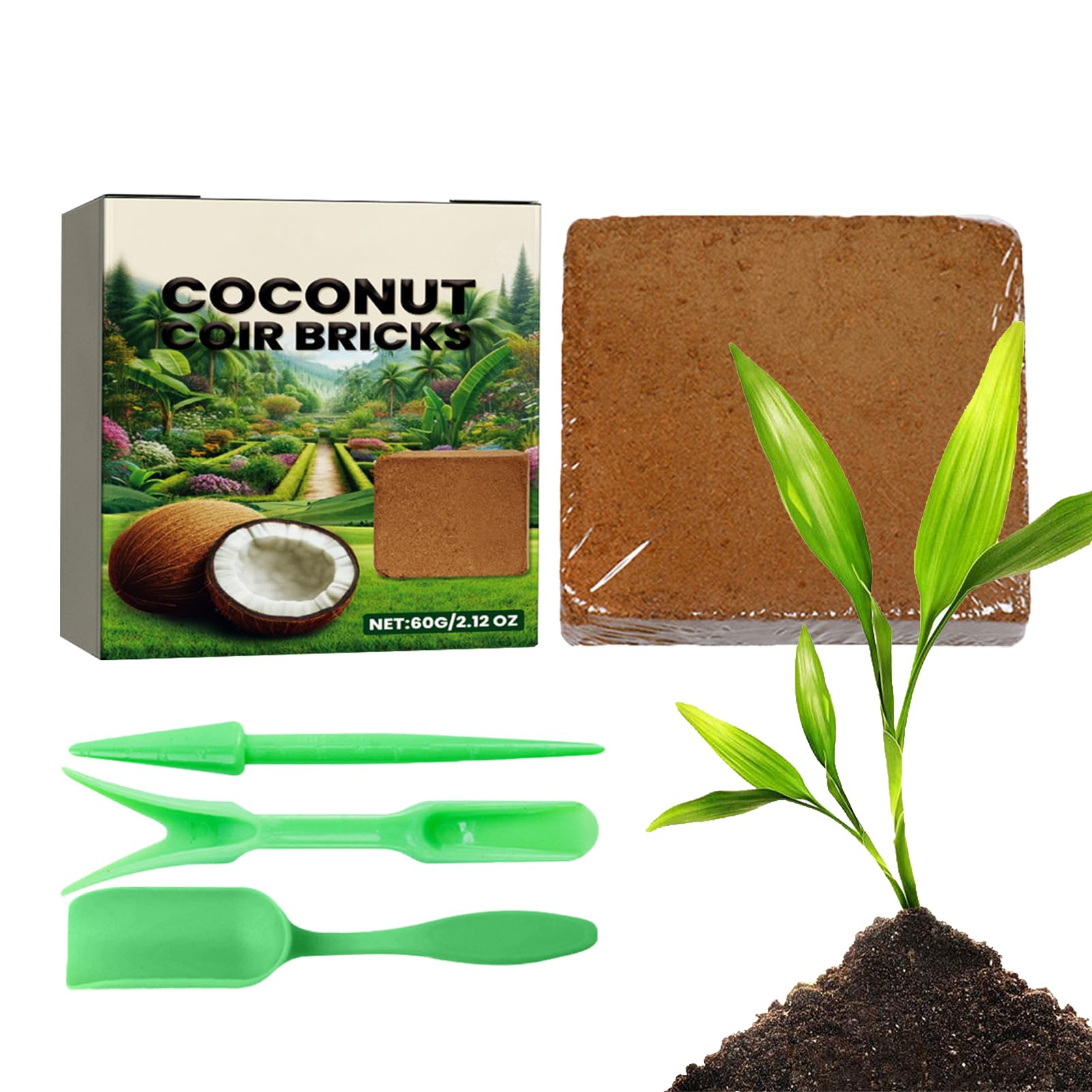 Planting Brick, Coconut Coir Brick for Plants, Compressed Fiber Growing Medium with 3 Garden Tools, Potting Mix Plant Brick Blocks, 60g Expandable Substrate for Indoor Outdoor Gardening, Transplanting