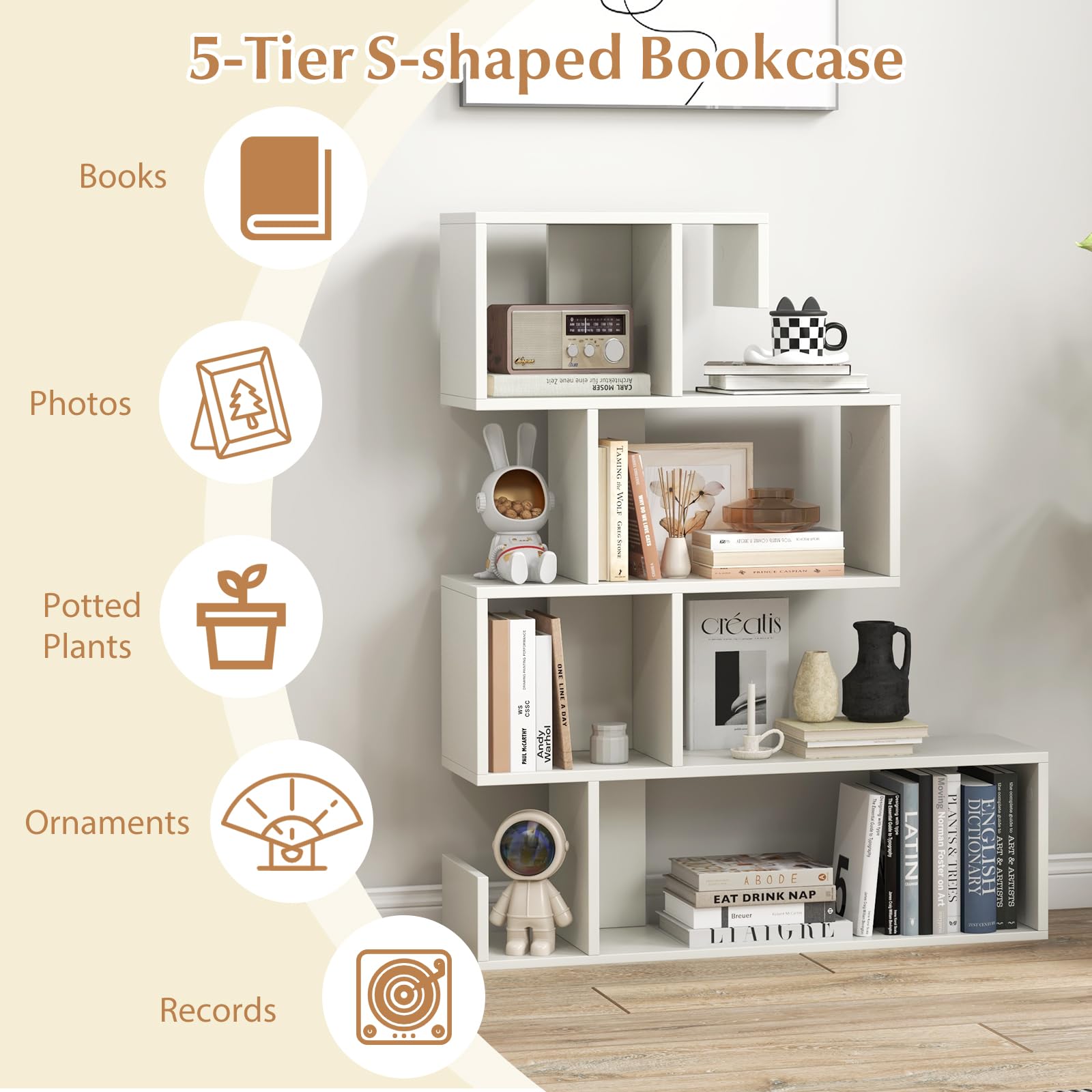 HOMASIS Libreria a Forma di Mossa con 5 Livelli, Scaffale Aperta a Forma di S in Legno, Libreria Divisoria con Protezione Anti-Ribaltamento per Soggiorno, Studio, 80 x 22 x 100 cm (Bianco)