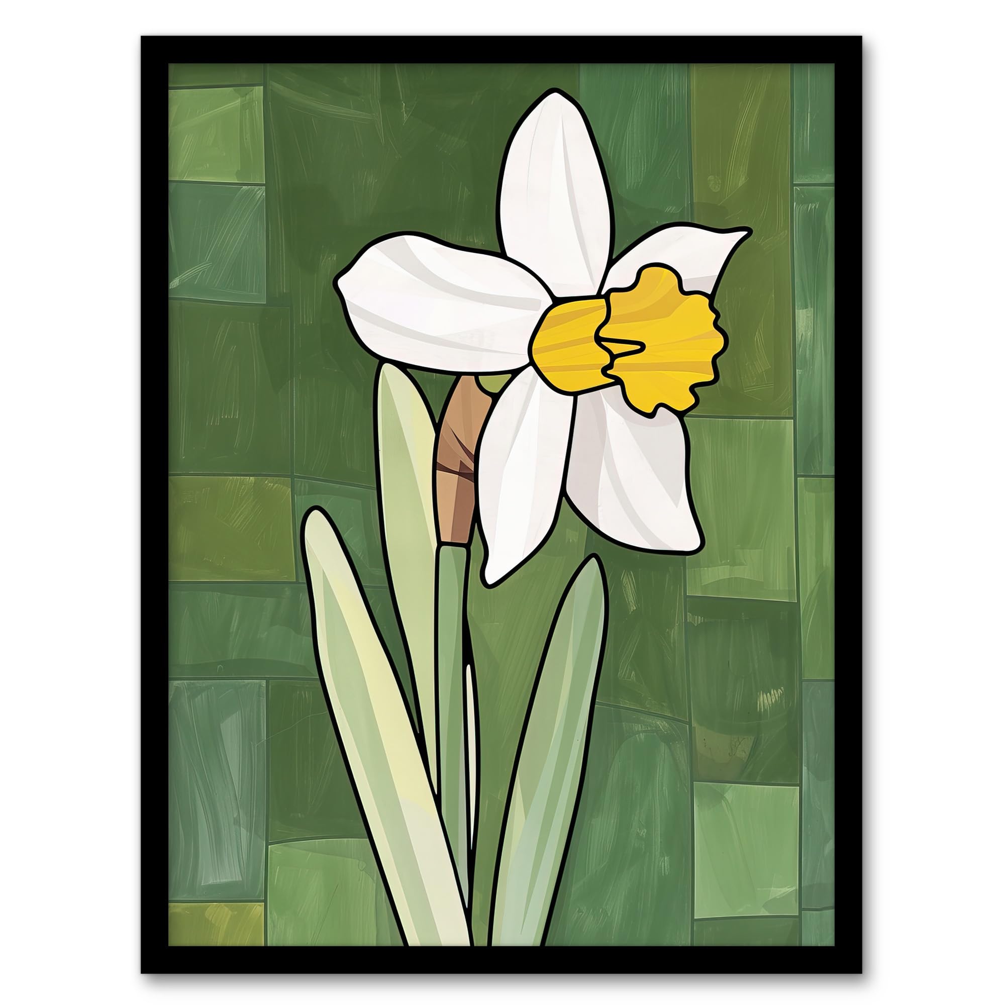 Artery8 Daffodil Flower Bloom Green Stylised Painting Living Room Artwork Framed Wall Art Print 18X24 Inch