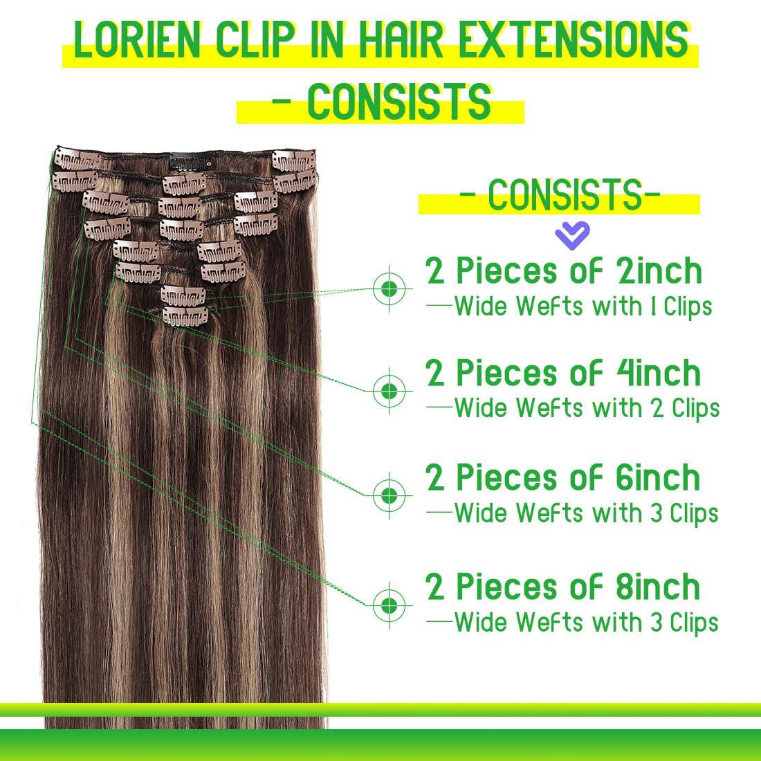  Clip in Hair Extensions Real Human Hair, Clip in 100% Brazilian Remy Human Hair Extensions 8pcs Per Set with 18 Clips Double Weft, 14 Inch 80g, 2/6 Dark Brown to Chestnut Brown thumbnail