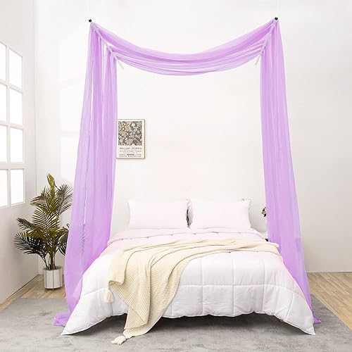Miniatura 5 de Cortinas de dosel de cama de 144 pulgadas de largo, cortinas de cama traslúcidas moradas, red de toldo para cama, cortinas de cama con dosel de