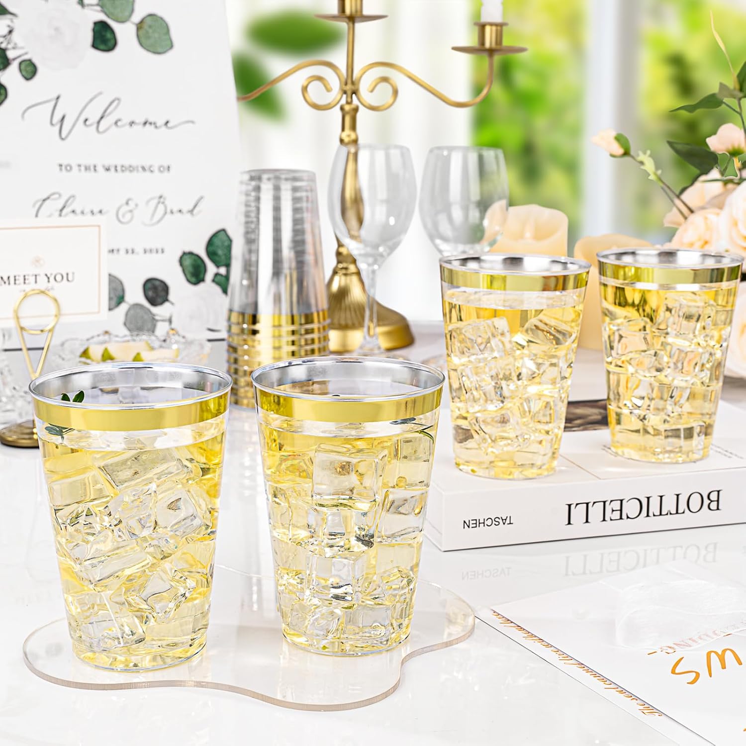 BESTVIP 12oz Gold Plastic Cups, 100 Pack Gold Rimmed Disposable Cups, Heavy-duty Party Cocktail Glasses, Plastic Cups for Party, Holiday, Christmas, Wedding and Birthday - Image 5