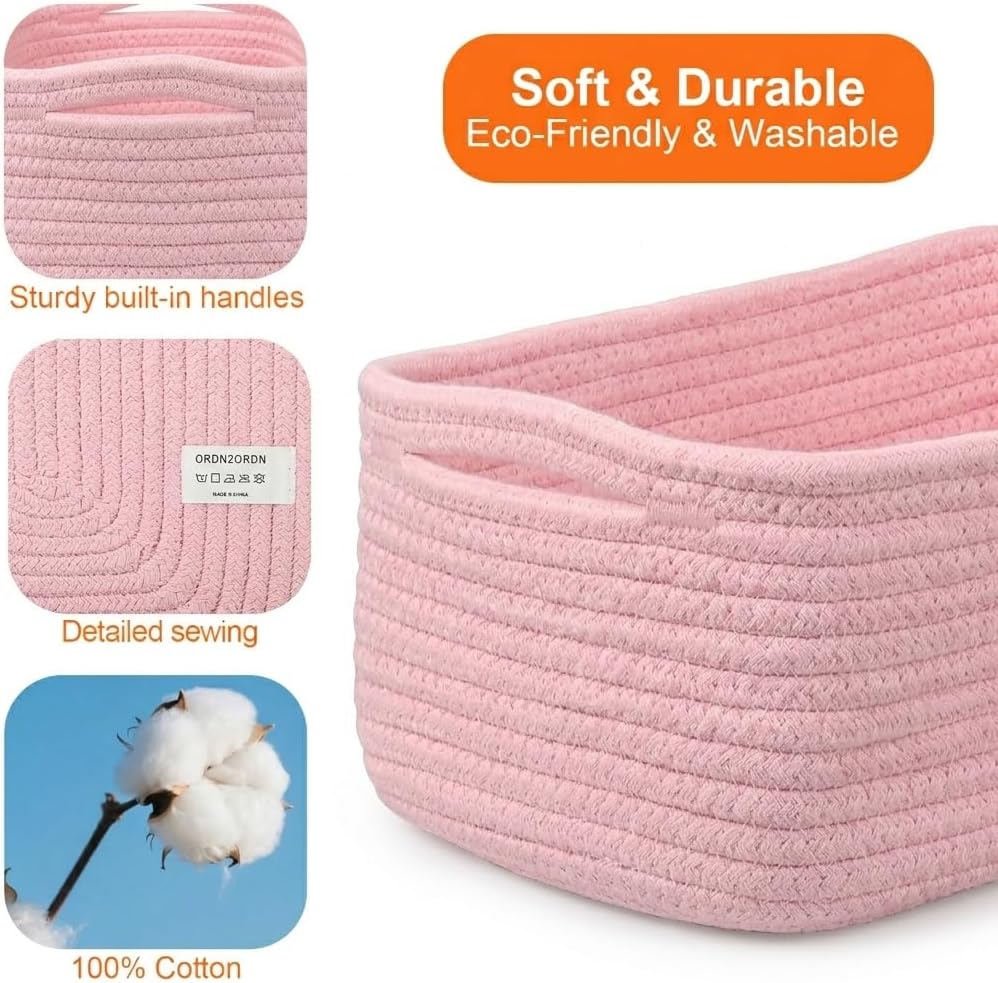 Small Storage Baskets for Organizing, Woven Storage Bins for Shelves, Gift Basket Empty, Cute Decorative Closet Organizer, Baby Rope Basket, Dog Toy Storage, 13.2x8.2x5.2”, 3Packs Pink
