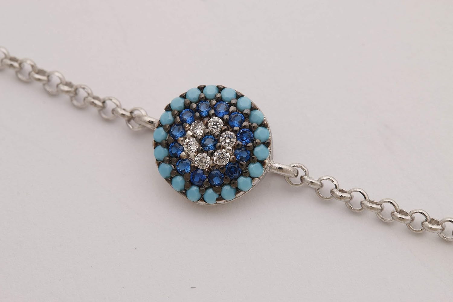 Special Design Turkish Evil Eye Handmade 925 Sterling Silver Round Cut Turquoise Sapphire White Topaz Rhodium Bracelet