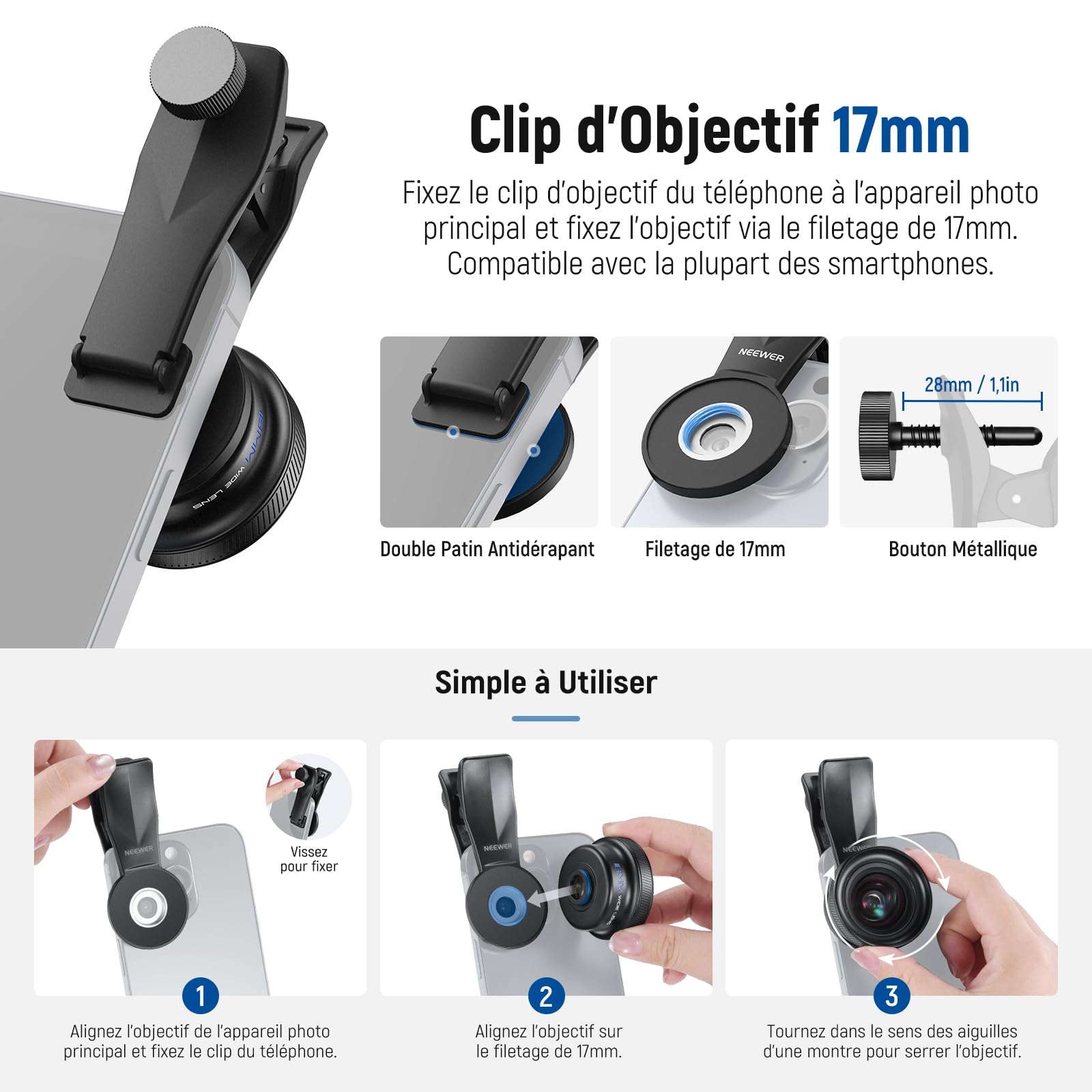 NEEWER 18mm Objectif Grand Angle avec Clip Fileté 17mm, Champ de Vision 100°, Grossissement 0.75X, 6 éléments en 5 Groupes, Compatible iPhone Android Samsung, pour la Photographie Mobile, LS-72